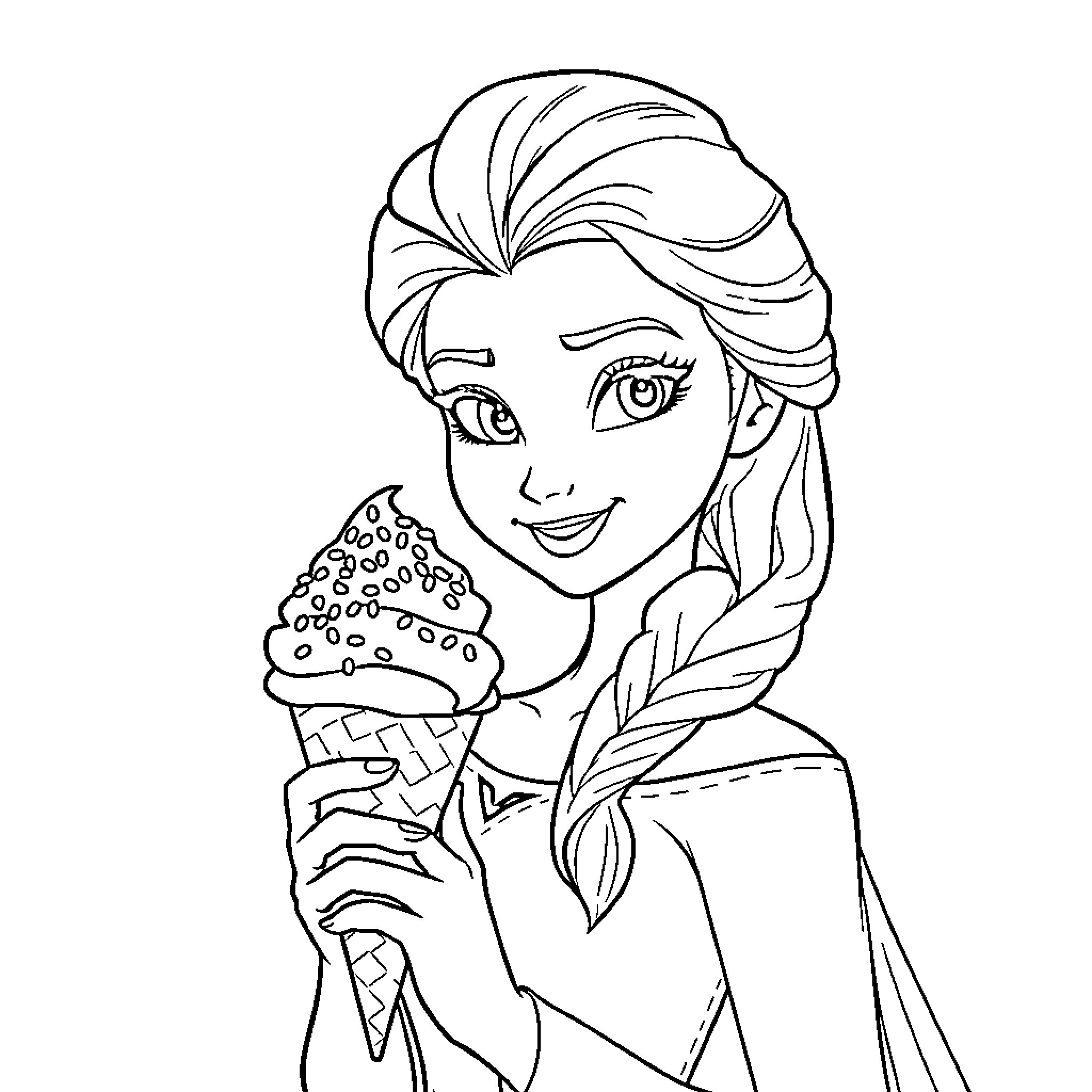 Elsa enjoying a delightful ice cream treat Coloring Page (free black-and-white line drawing printable PDF for all, from beginners to advanced learners, including children, teens, adults, and seniors)