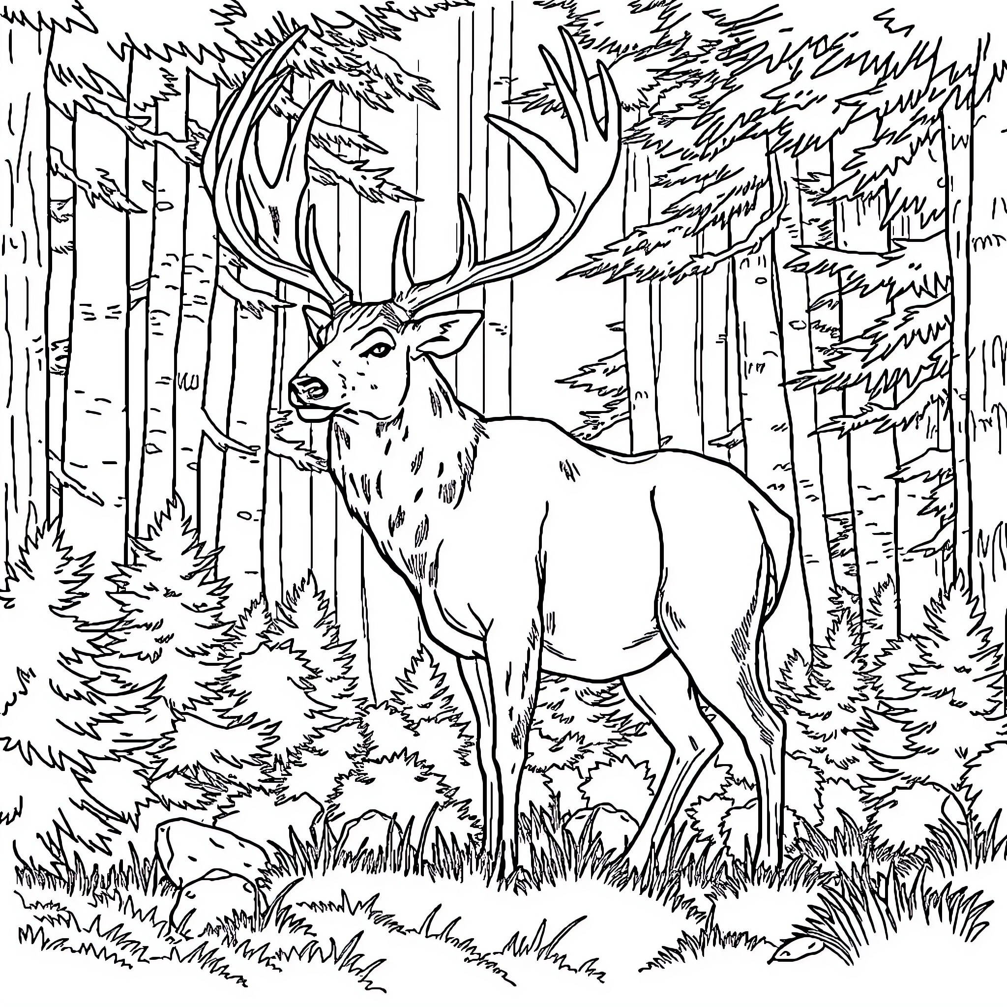 Buck Roaming Through the Enchanted Forest Coloring Page (free black-and-white line drawing printable PDF for all, from beginners to advanced learners, including children, teens, adults, and seniors)