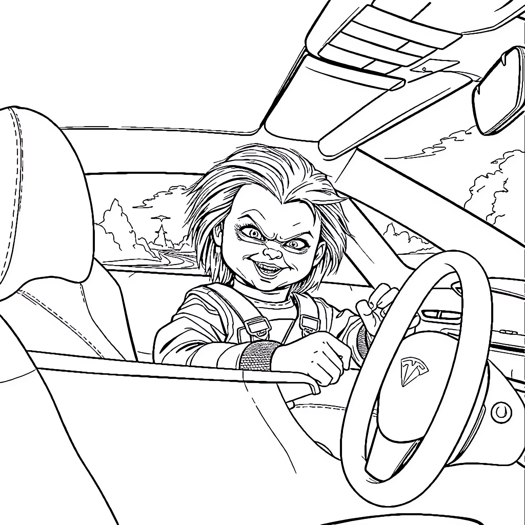 Chucky driving a car on the road Coloring Page (free black-and-white line drawing printable PDF for all, from beginners to advanced learners, including children, teens, adults, and seniors)