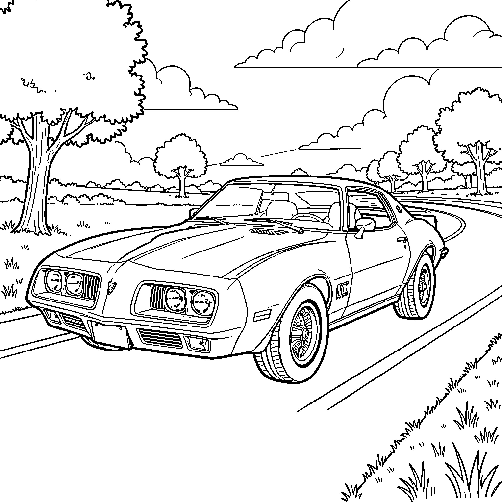 Pontiac muscle car driving along a scenic road Coloring Page (free black-and-white line drawing printable PDF for all, from beginners to advanced learners, including children, teens, adults, and seniors)