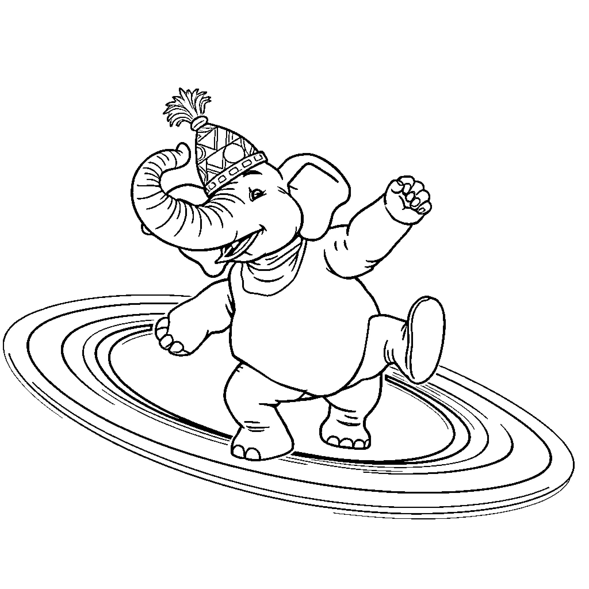 Elephant dancing joyfully on stage Coloring Page (free black-and-white line drawing printable PDF for all, from beginners to advanced learners, including children, teens, adults, and seniors)