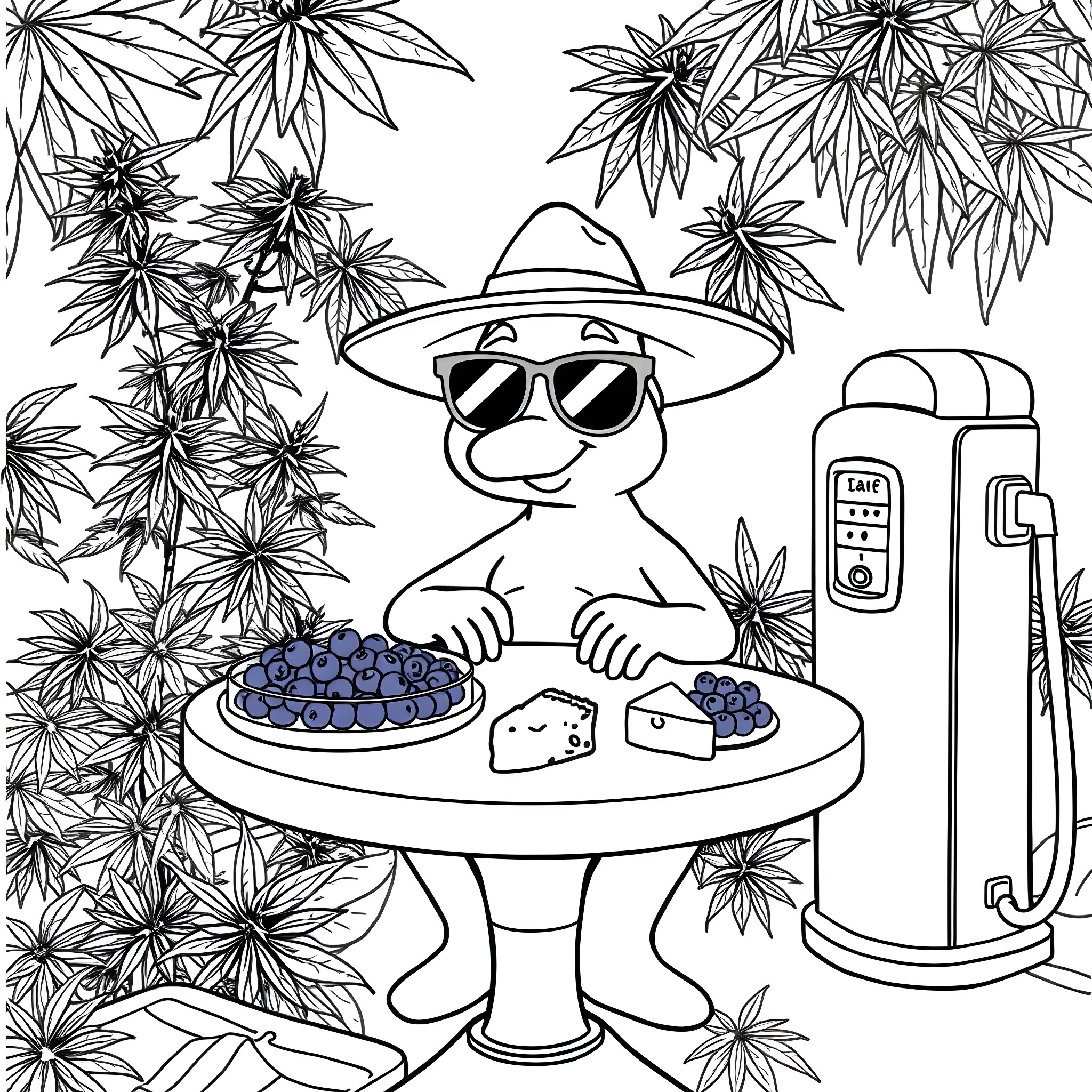 Shmoo enjoying blueberries on a patio surrounded by nature Coloring Page (free black-and-white line drawing printable PDF for all, from beginners to advanced learners, including children, teens, adults, and seniors)