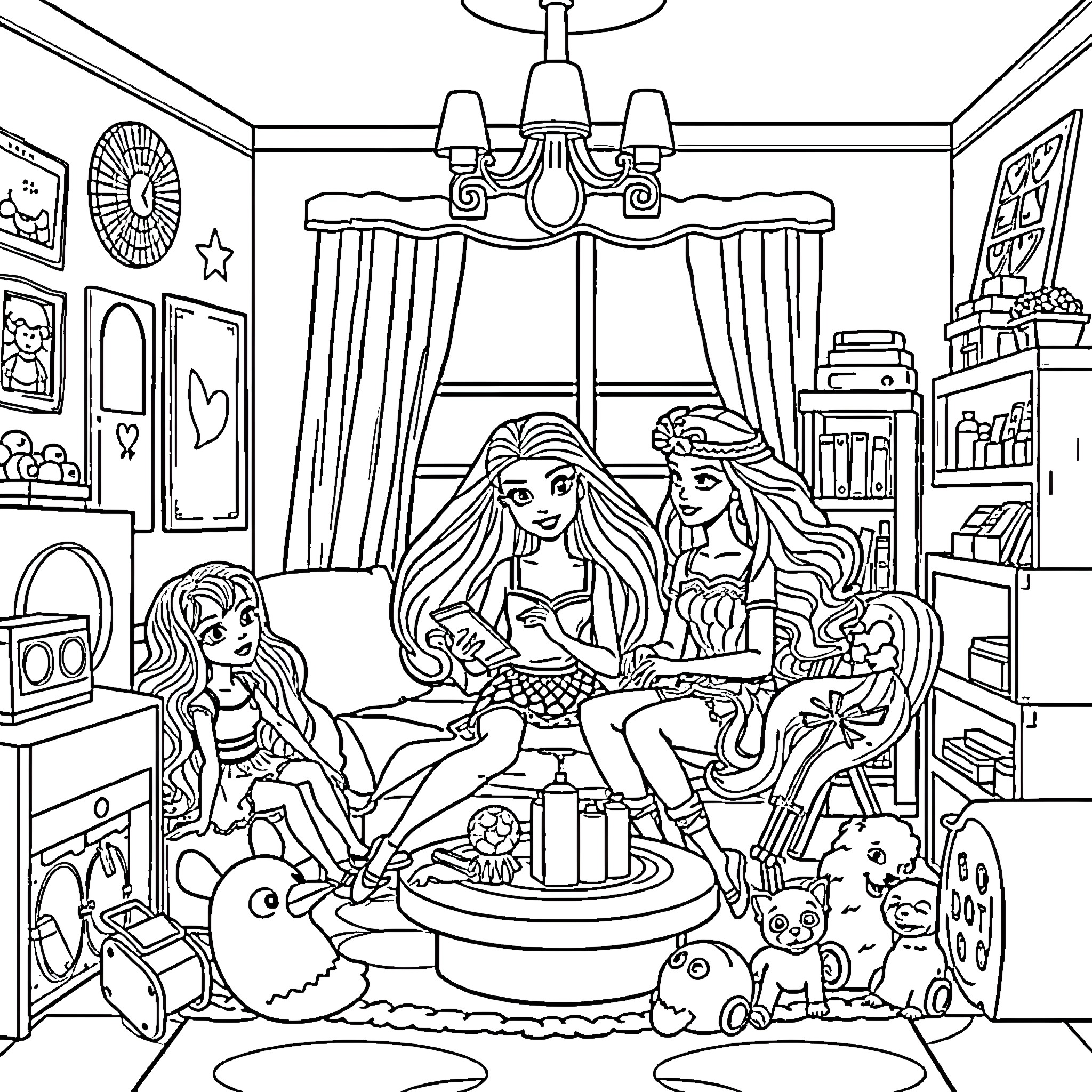 Barbie and Friends Enjoying a Playful Afternoon Coloring Page (free black-and-white line drawing printable PDF for all, from beginners to advanced learners, including children, teens, adults, and seniors)