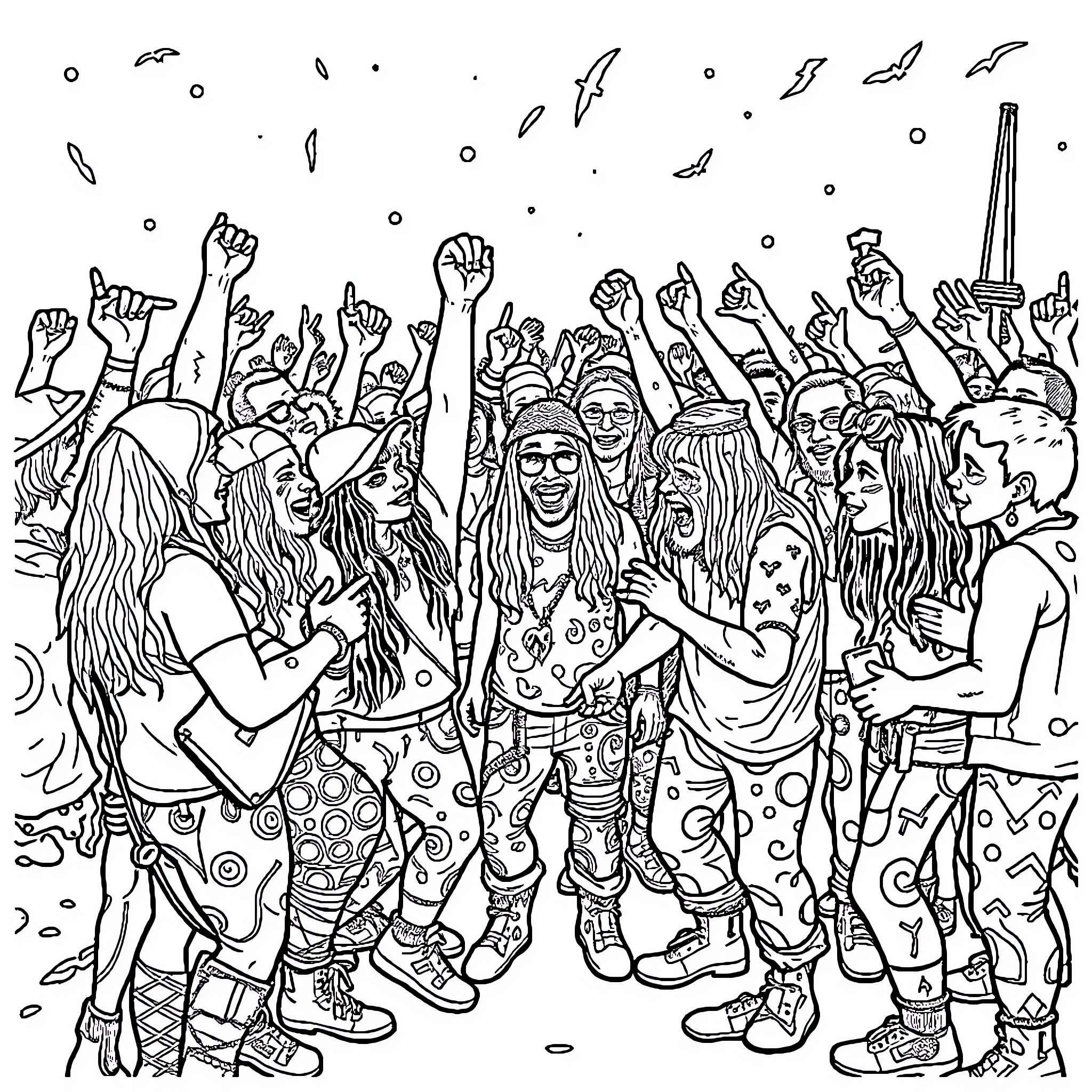 Juggalo festival of joy and celebration Coloring Page (free black-and-white line drawing printable PDF for all, from beginners to advanced learners, including children, teens, adults, and seniors)