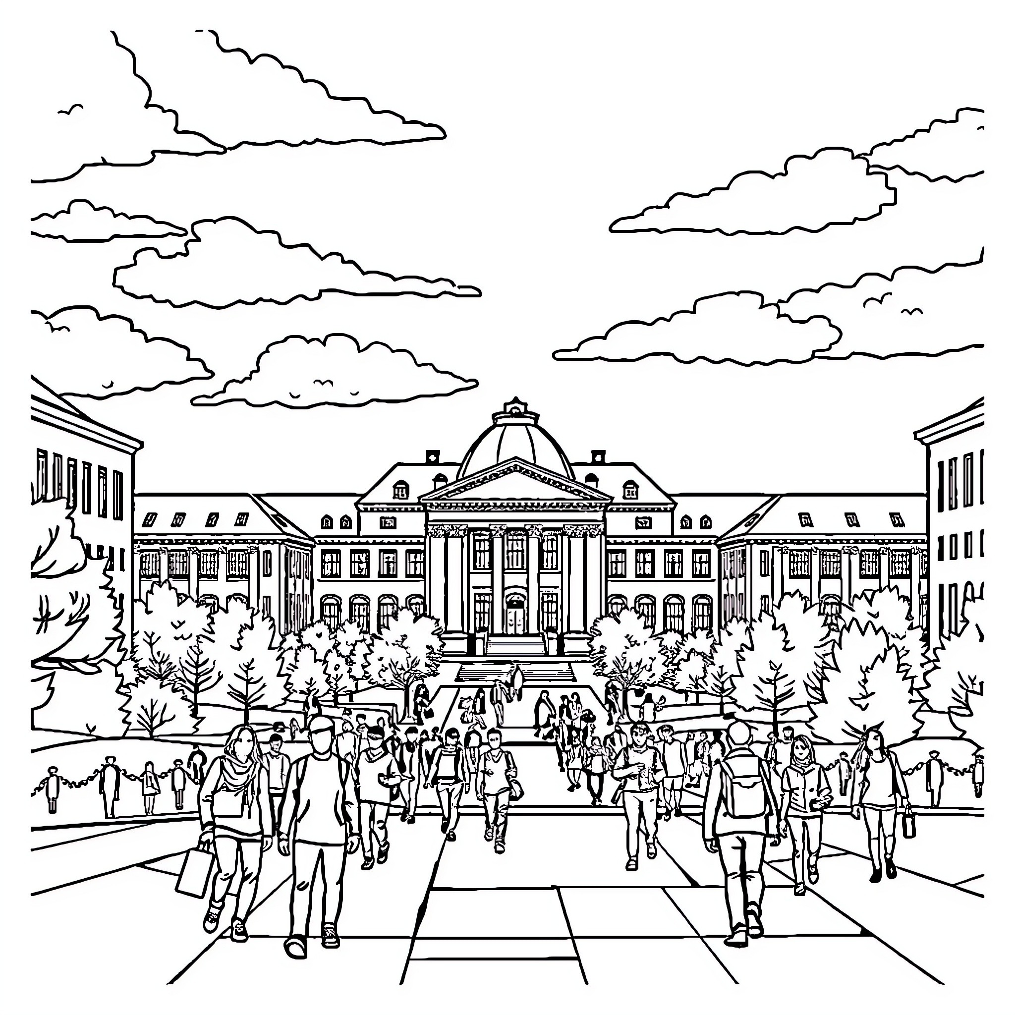 University Students Gathering in a Bustling Campus Scene Coloring Page (free black-and-white line drawing printable PDF for all, from beginners to advanced learners, including children, teens, adults, and seniors)