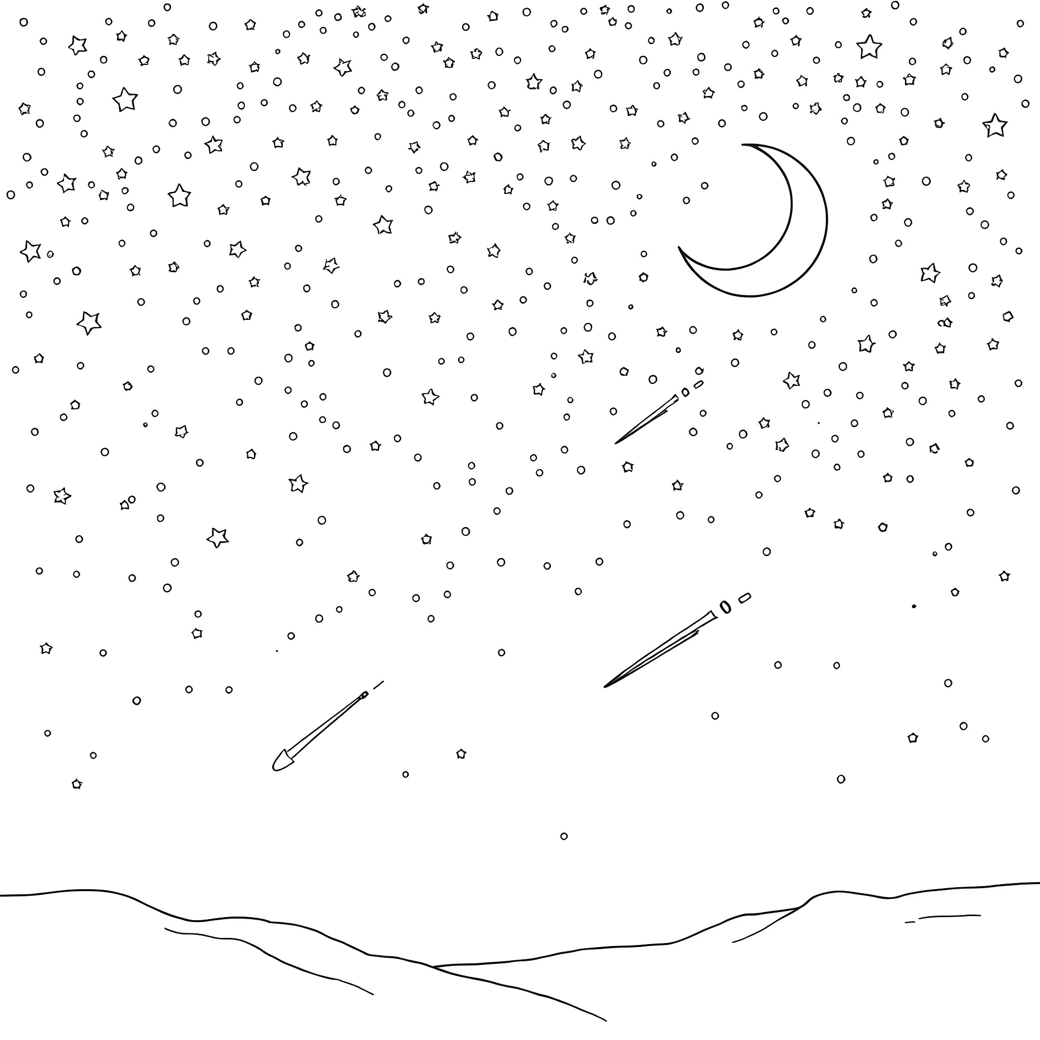 Night Sky with Shooting Stars and Crescent Moon Coloring Page (free black-and-white line drawing printable PDF for all, from beginners to advanced learners, including children, teens, adults, and seniors)