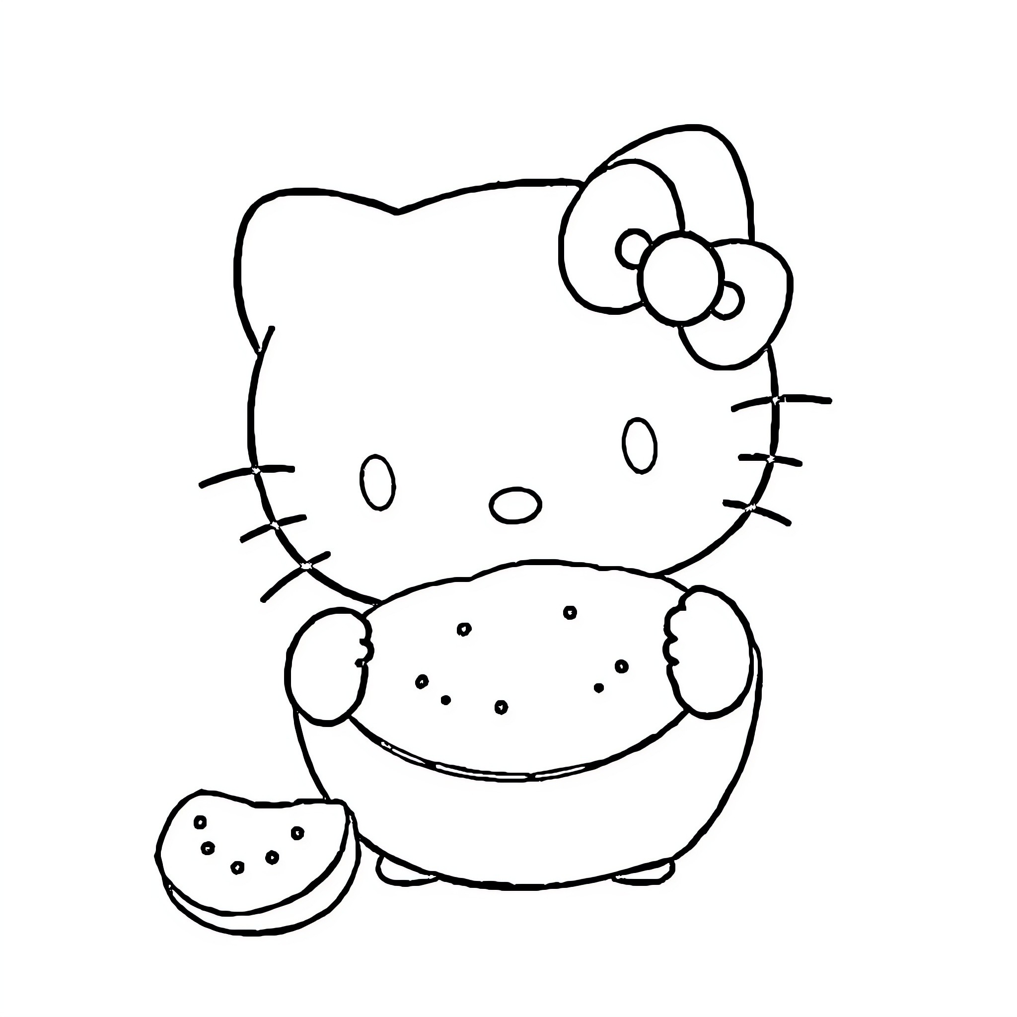 Hello Kitty enjoying a tasty snack Coloring Page (free black-and-white line drawing printable PDF for all, from beginners to advanced learners, including children, teens, adults, and seniors)