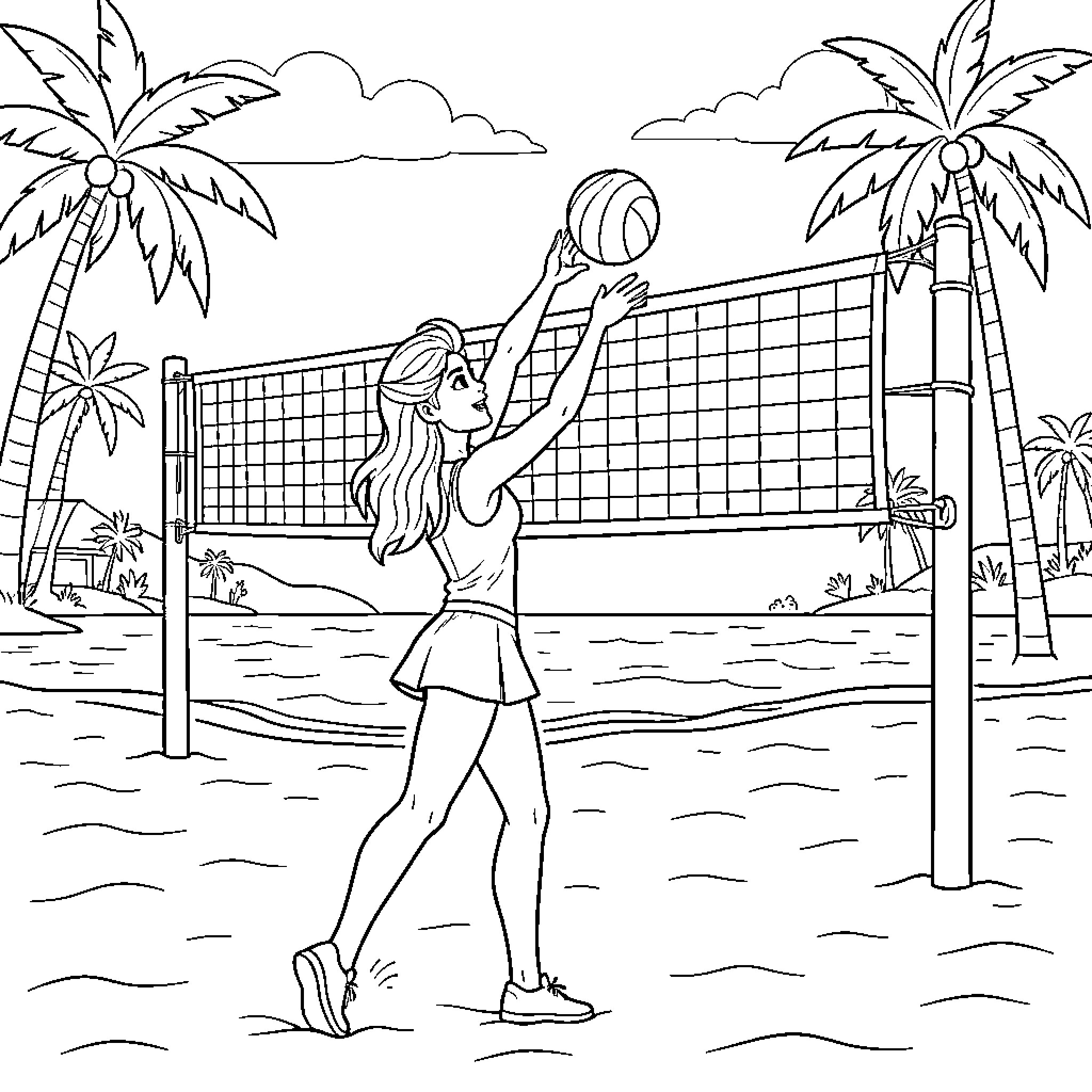 Elsa playing beach volleyball in tropical setting Coloring Page (free black-and-white line drawing printable PDF for all, from beginners to advanced learners, including children, teens, adults, and seniors)