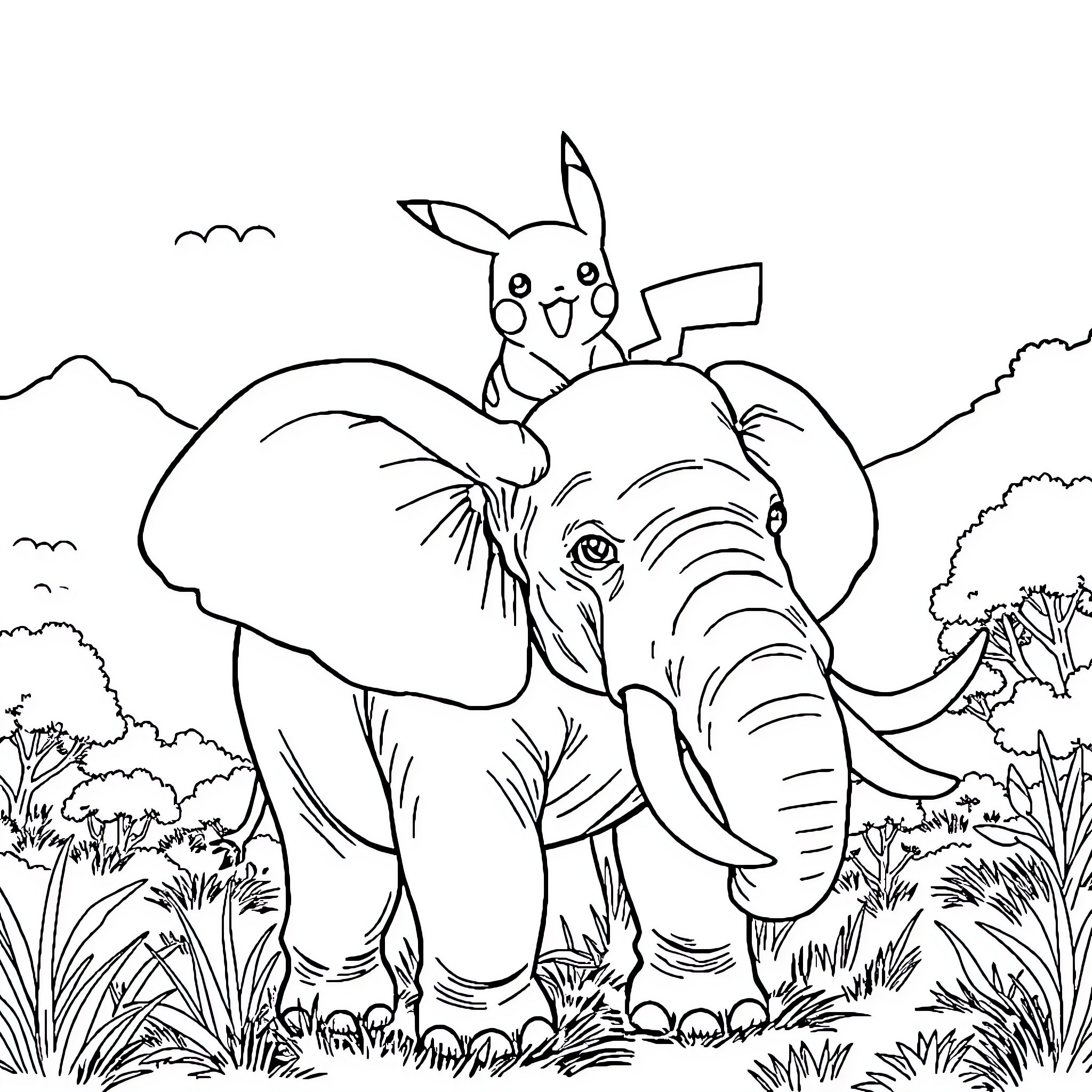 Pikachu riding on a friendly elephant in the jungle Coloring Page (free black-and-white line drawing printable PDF for all, from beginners to advanced learners, including children, teens, adults, and seniors)