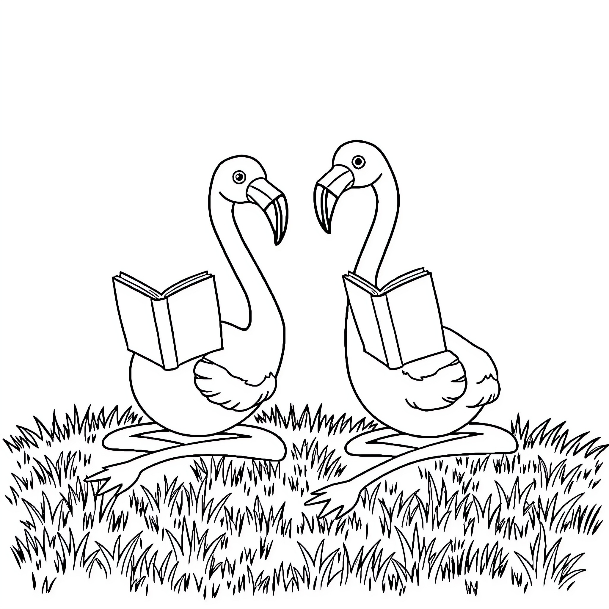 Flamingos reading books in the grass Coloring Page (free black-and-white line drawing printable PDF for all, from beginners to advanced learners, including children, teens, adults, and seniors)