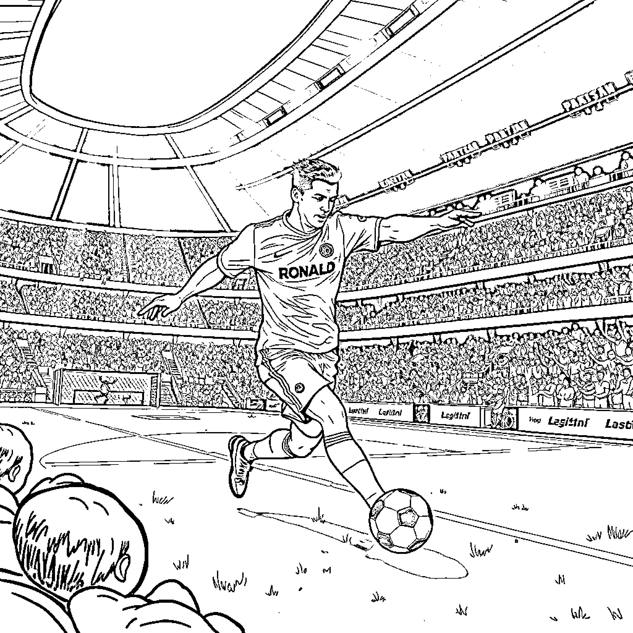 Cristiano Ronaldo playing soccer in a large stadium Coloring Page (free black-and-white line drawing printable PDF for all, from beginners to advanced learners, including children, teens, adults, and seniors)