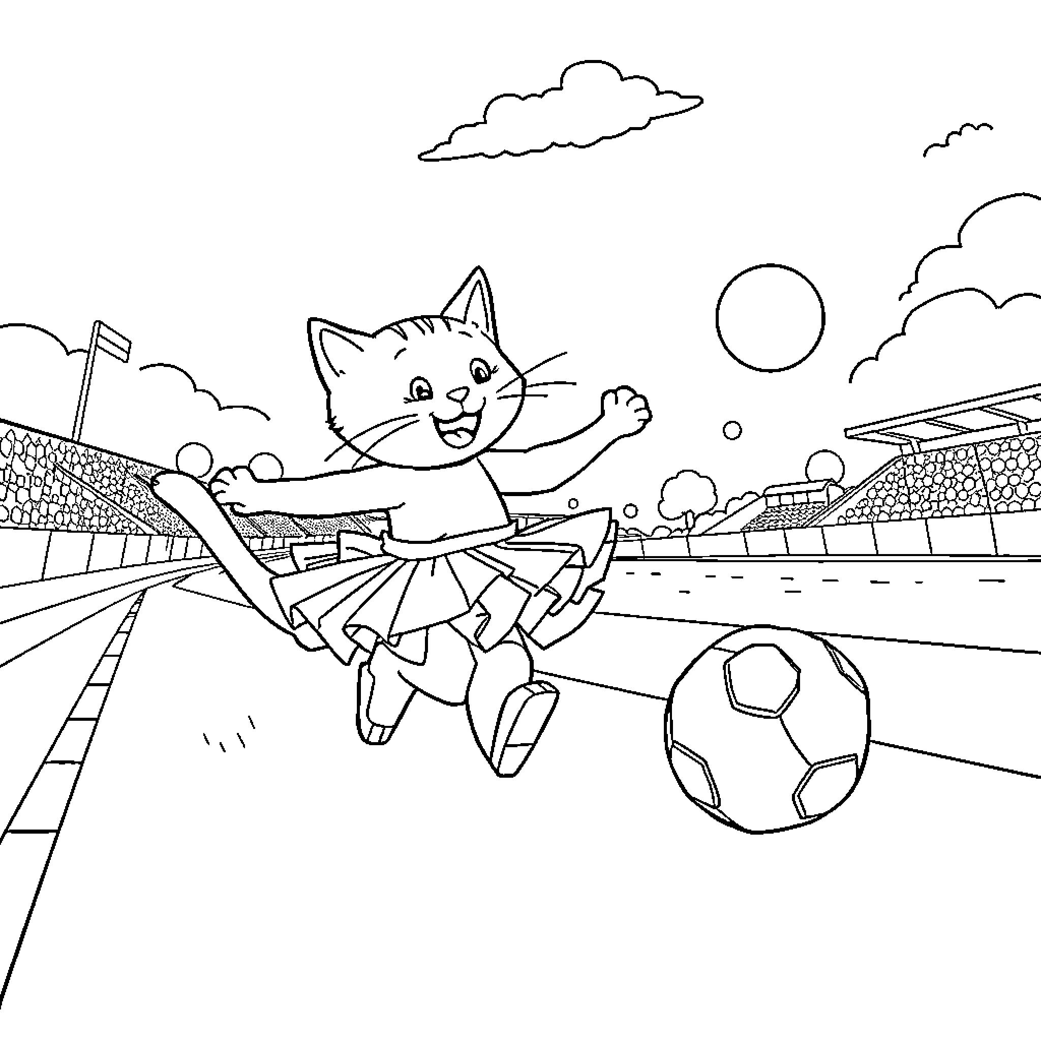 Cat playing soccer in the stadium Coloring Page (free black-and-white line drawing printable PDF for all, from beginners to advanced learners, including children, teens, adults, and seniors)