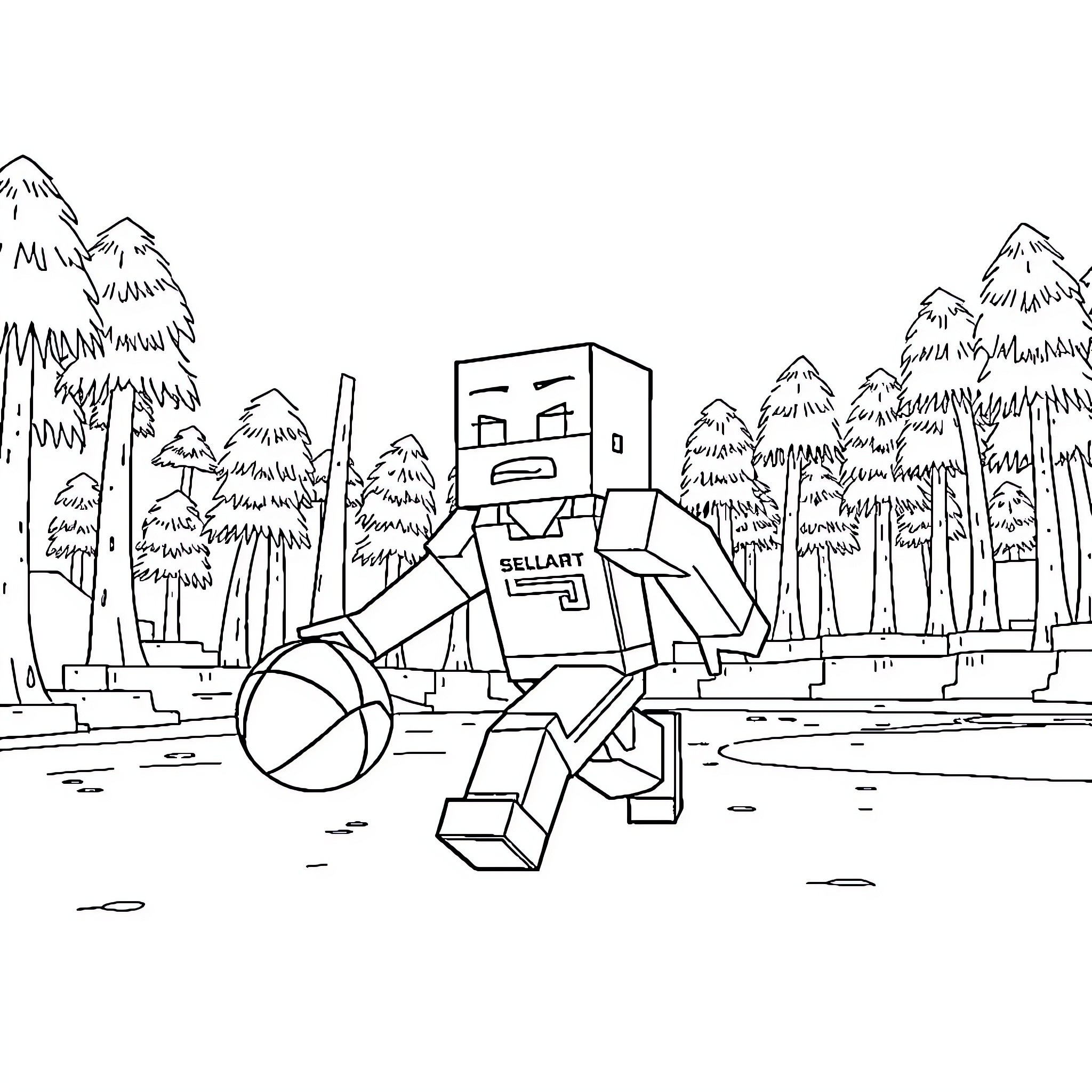 Minecraft Guy exploring the outdoors Coloring Page (free black-and-white line drawing printable PDF for all, from beginners to advanced learners, including children, teens, adults, and seniors)