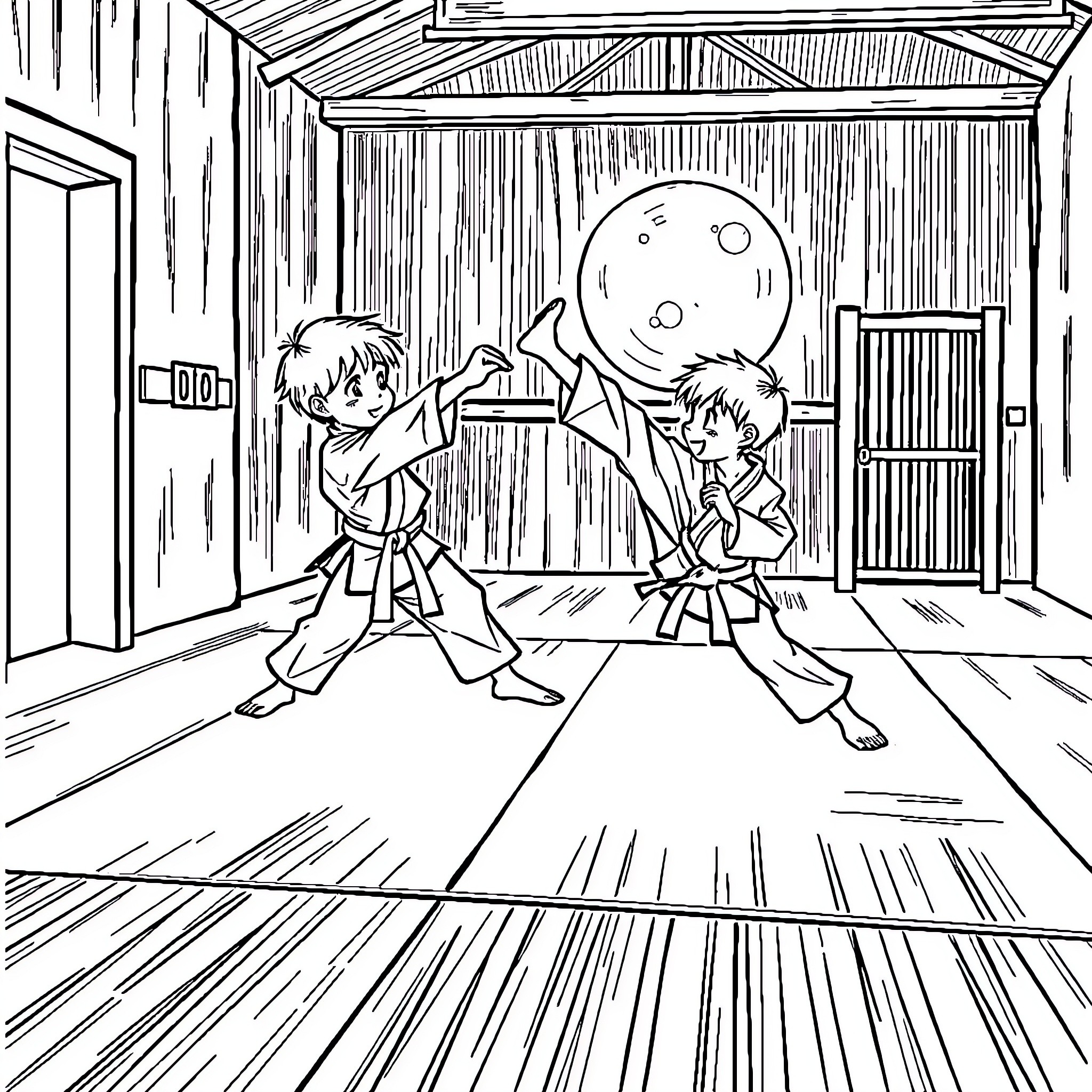 Kid Practicing Martial Arts in Dojo Coloring Page (free black-and-white line drawing printable PDF for all, from beginners to advanced learners, including children, teens, adults, and seniors)