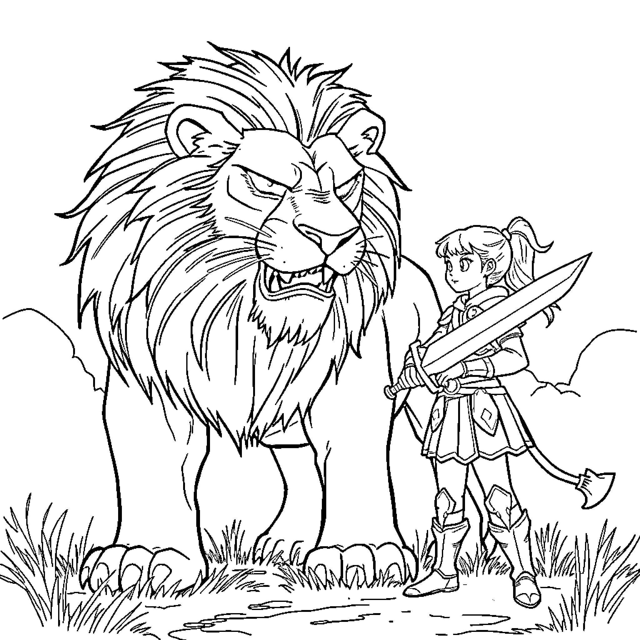 Girl encounters fierce lion in the wilderness Coloring Page (free black-and-white line drawing printable PDF for all, from beginners to advanced learners, including children, teens, adults, and seniors)