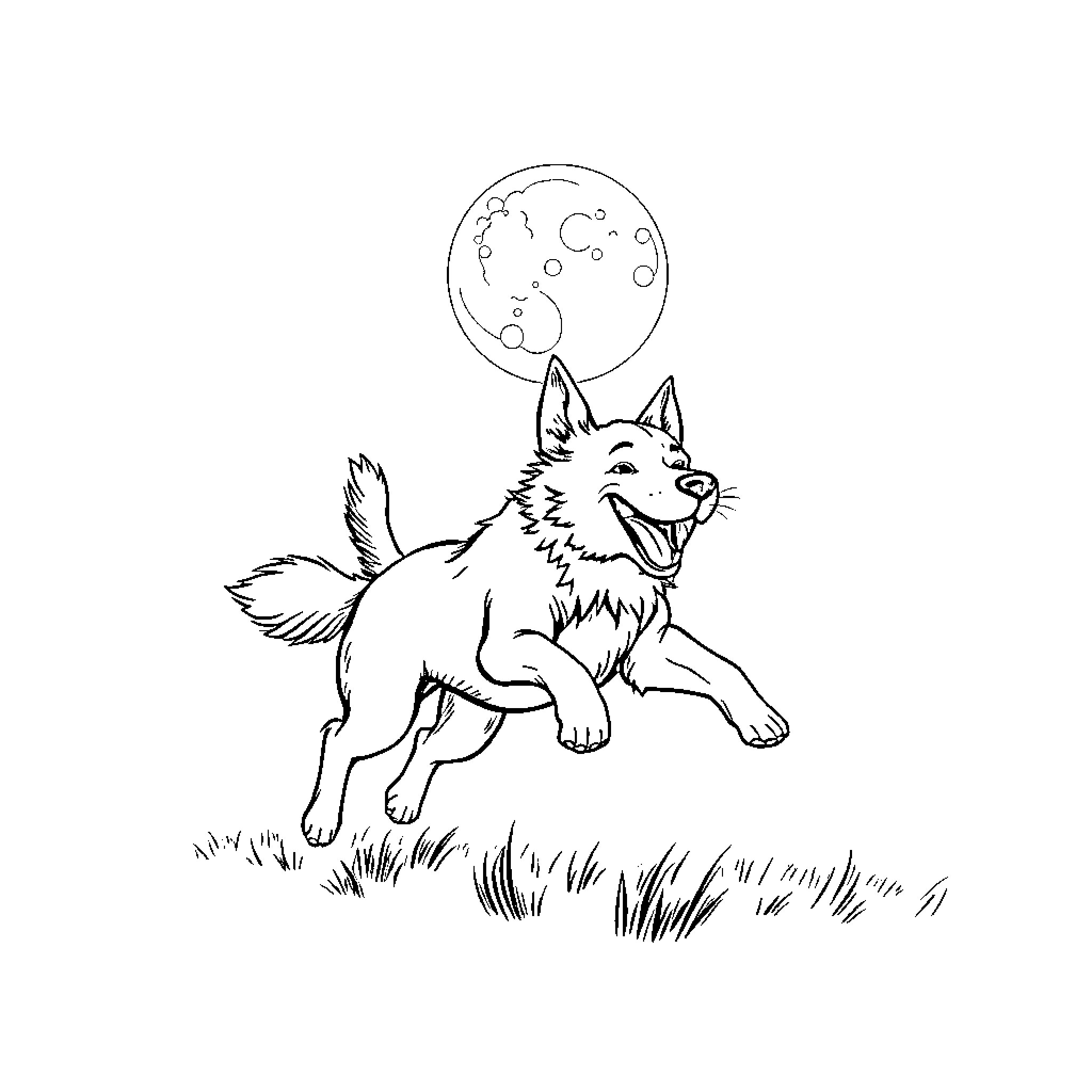 Dog running joyfully under the moonlight Coloring Page (free black-and-white line drawing printable PDF for all, from beginners to advanced learners, including children, teens, adults, and seniors)
