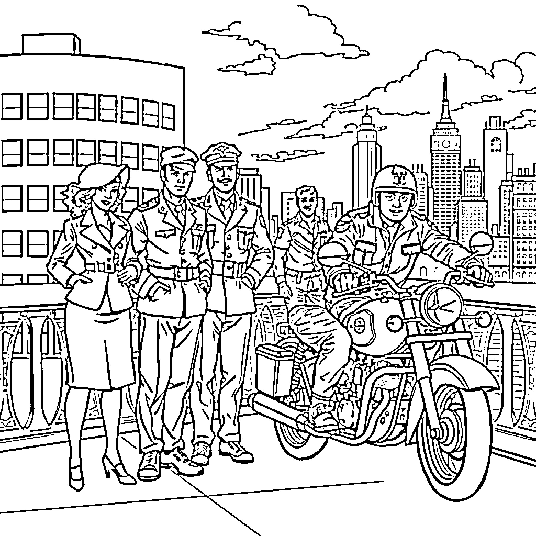 Friend group visits the big city on motorcycles Coloring Page (free black-and-white line drawing printable PDF for all, from beginners to advanced learners, including children, teens, adults, and seniors)