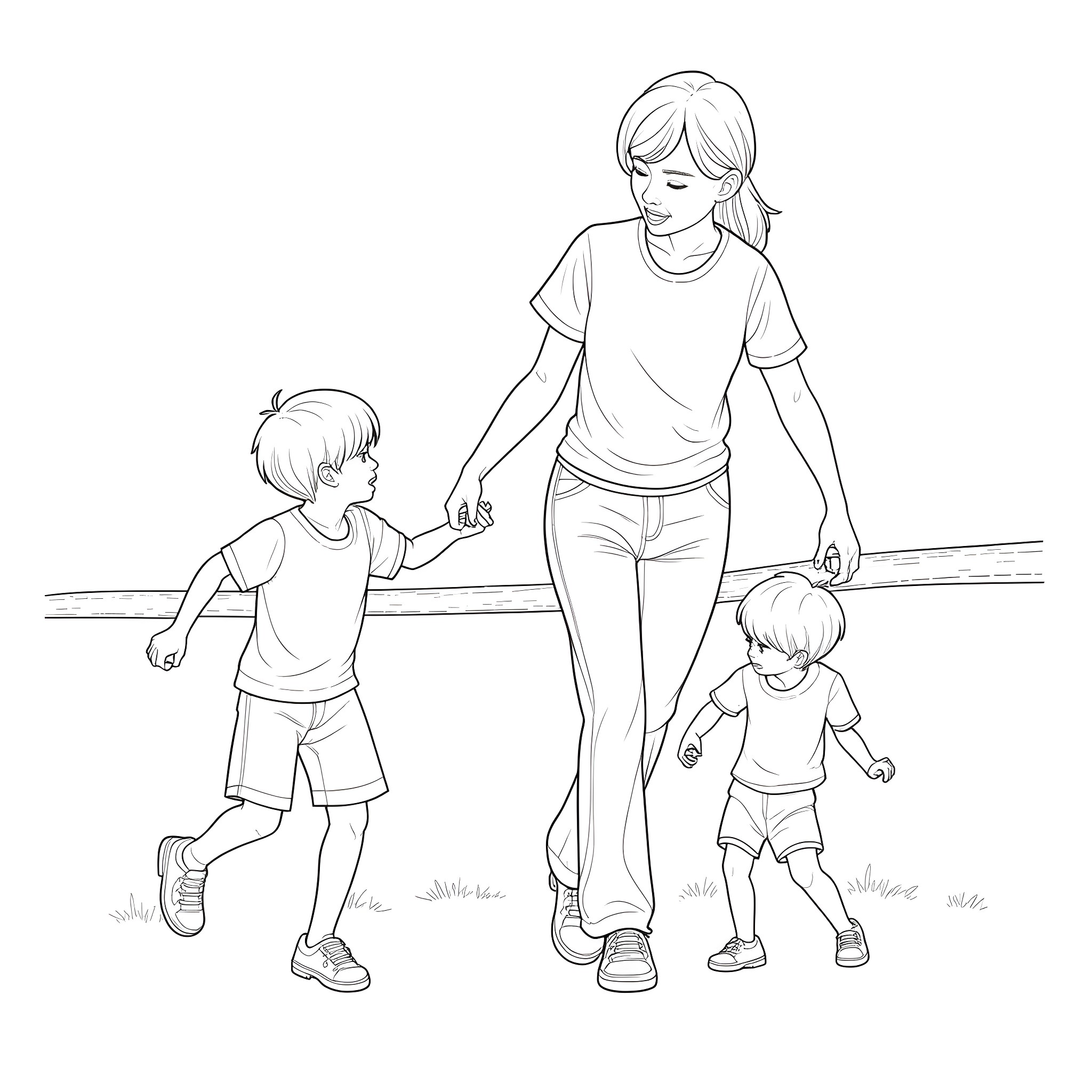 Mom walking with kids outdoors Coloring Page (free black-and-white line drawing printable PDF for all, from beginners to advanced learners, including children, teens, adults, and seniors)