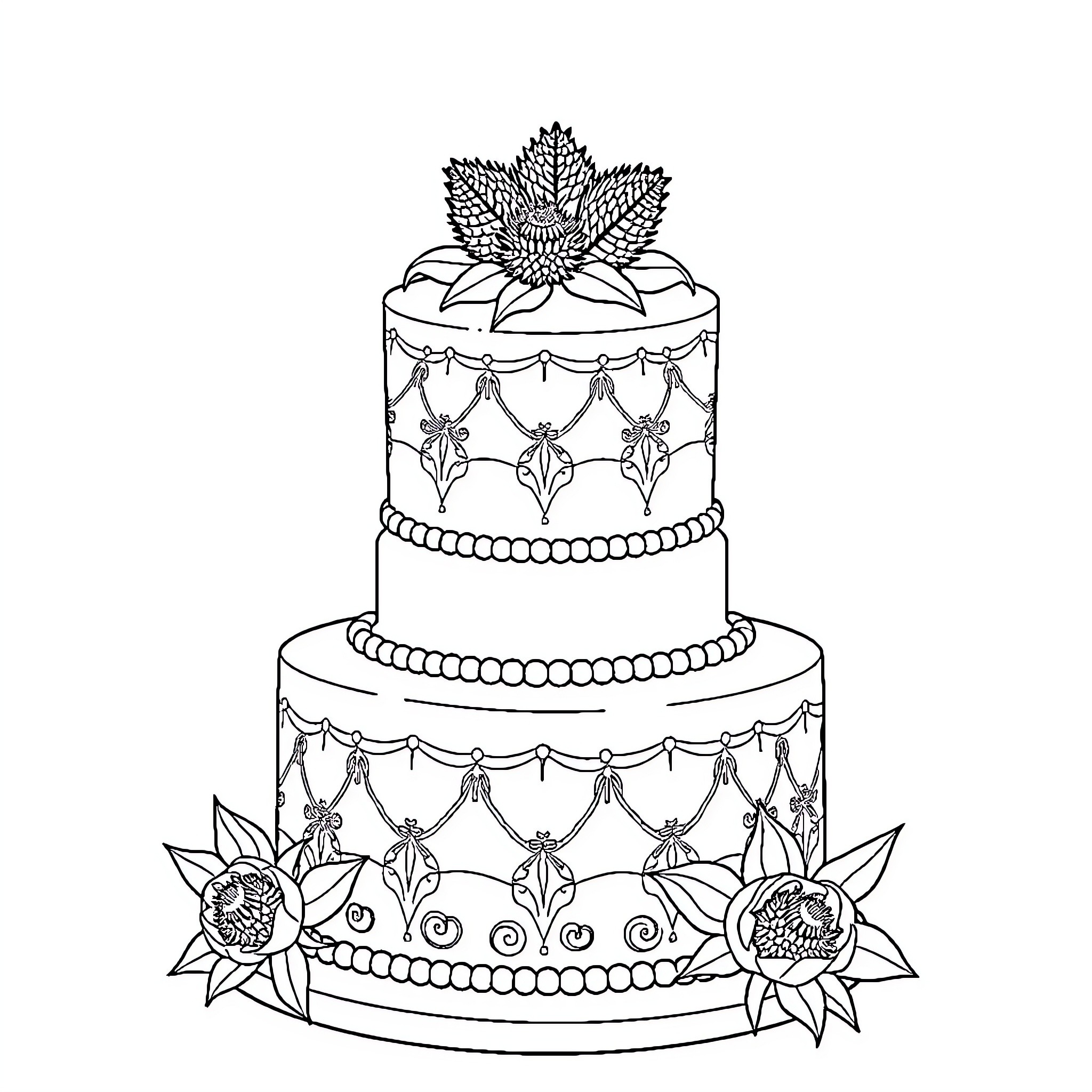 Wedding Cake with Elegant Floral Decorations Coloring Page (free black-and-white line drawing printable PDF for all, from beginners to advanced learners, including children, teens, adults, and seniors)