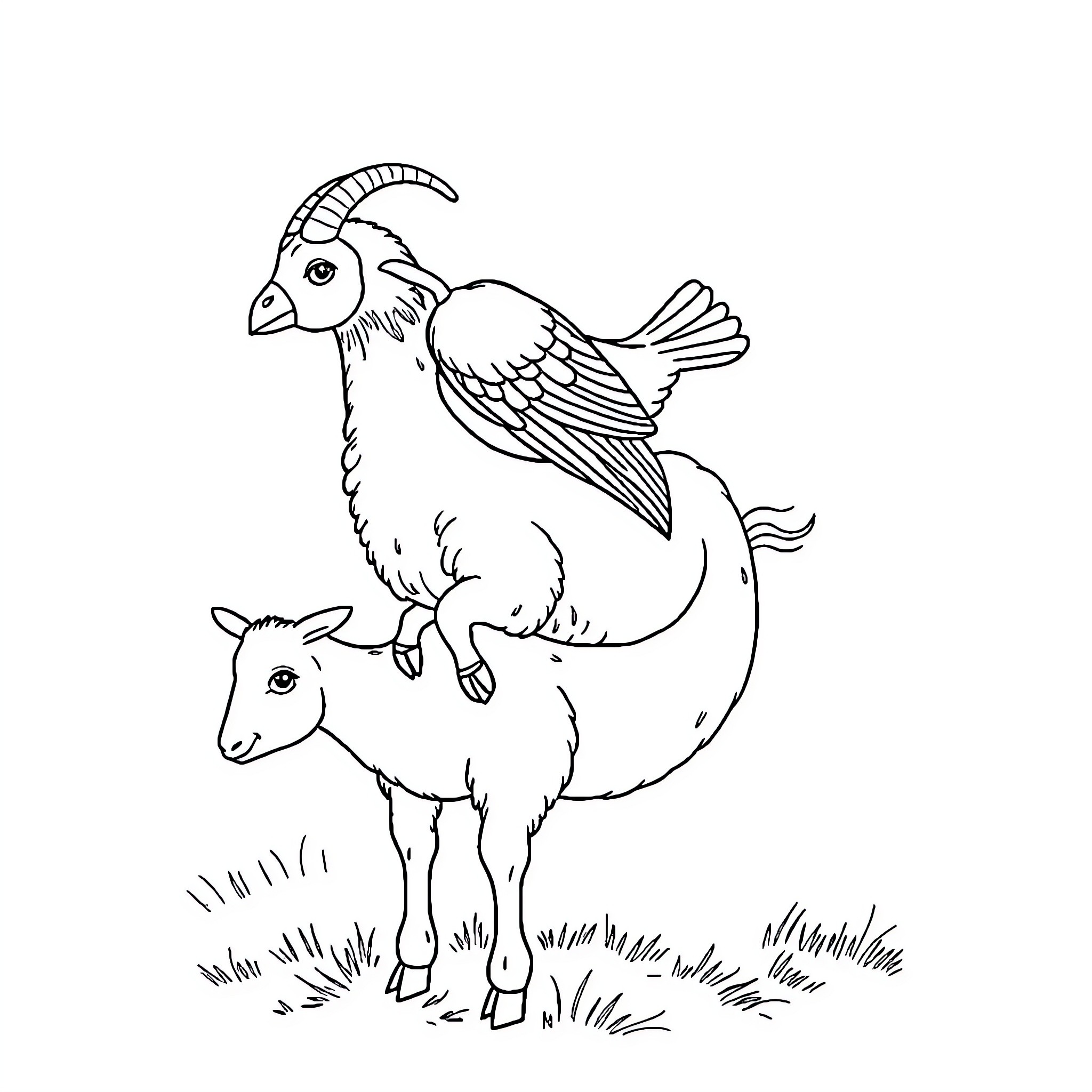 Poule riding playfully on a goat Coloring Page (free black-and-white line drawing printable PDF for all, from beginners to advanced learners, including children, teens, adults, and seniors)