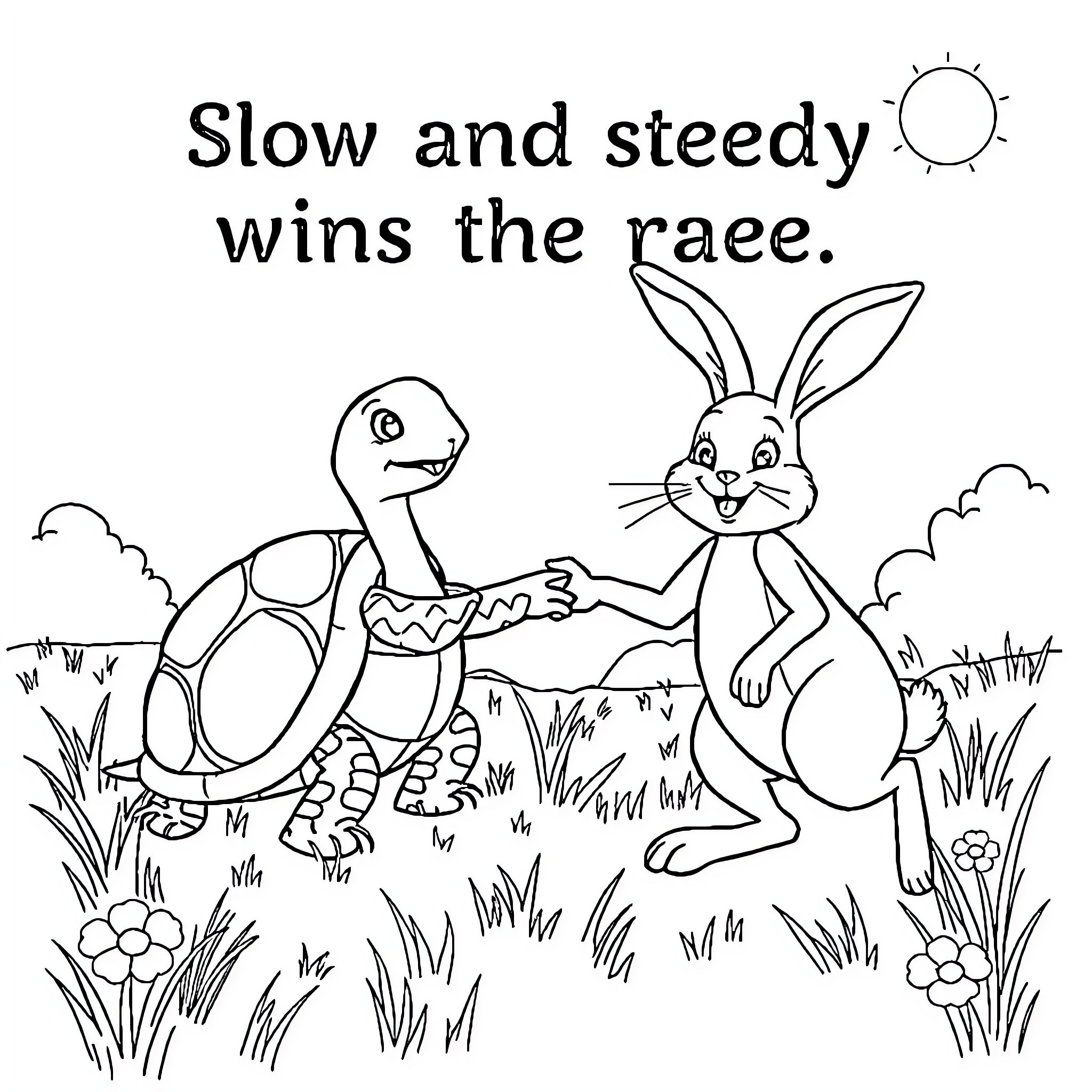 Tortoise and Rabbit Race in Nature Coloring Page (free black-and-white line drawing printable PDF for all, from beginners to advanced learners, including children, teens, adults, and seniors)