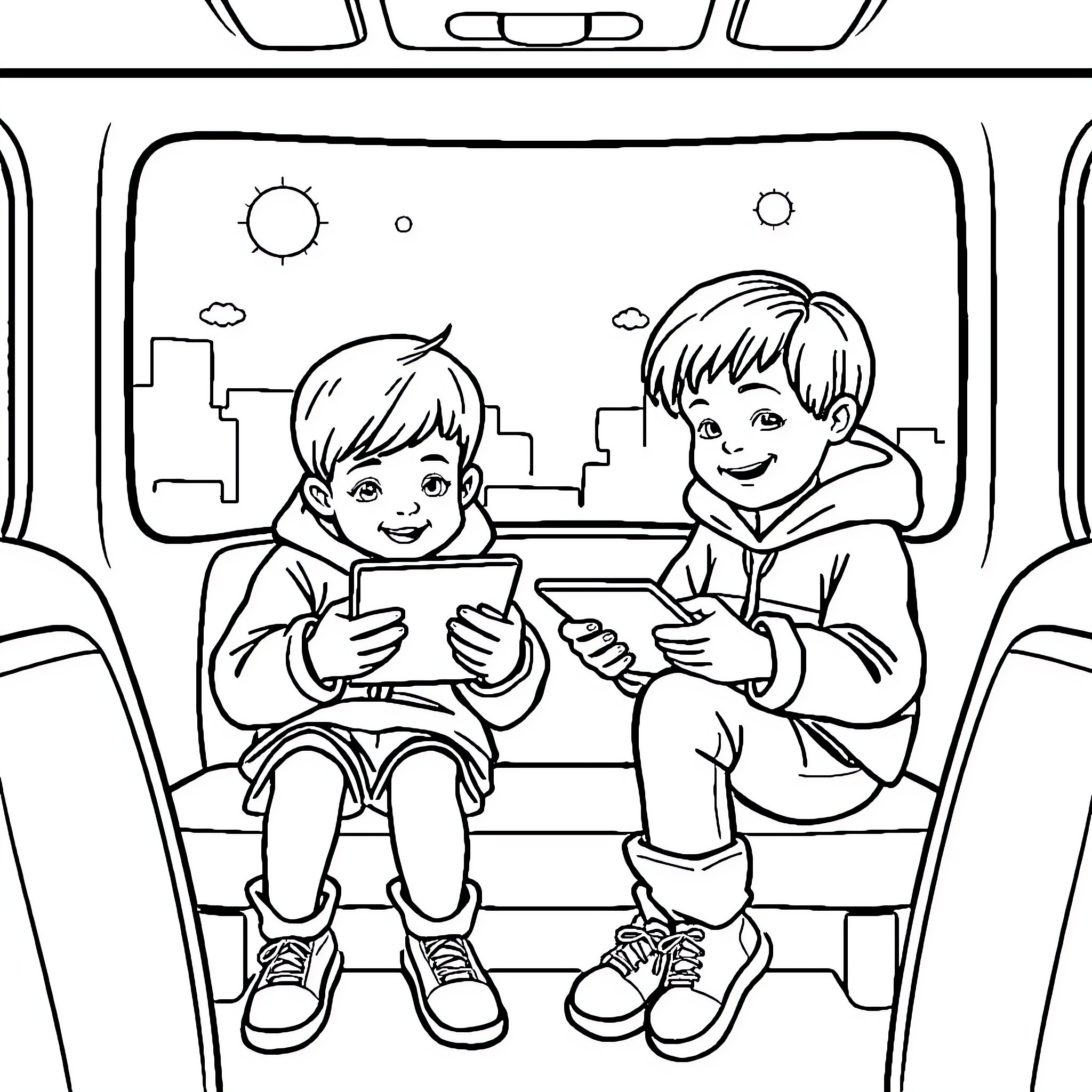Kid Playing Games on Tablets in Car Coloring Page (free black-and-white line drawing printable PDF for all, from beginners to advanced learners, including children, teens, adults, and seniors)