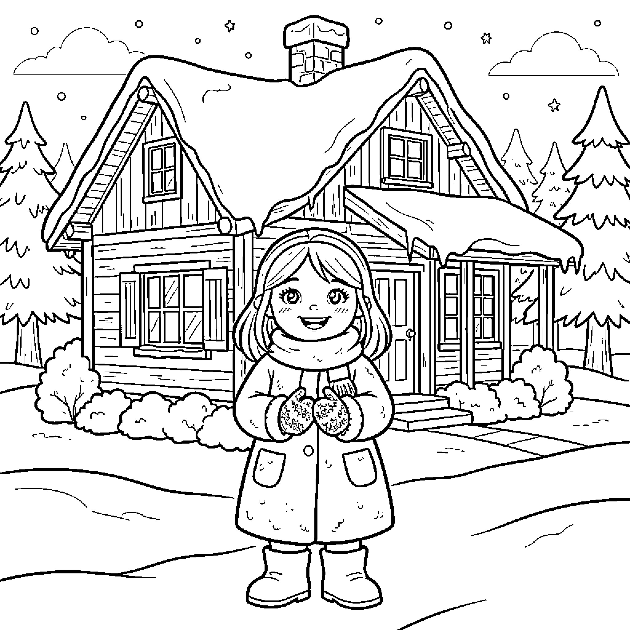 Girl exploring a snowy winter cabin landscape Coloring Page (free black-and-white line drawing printable PDF for all, from beginners to advanced learners, including children, teens, adults, and seniors)