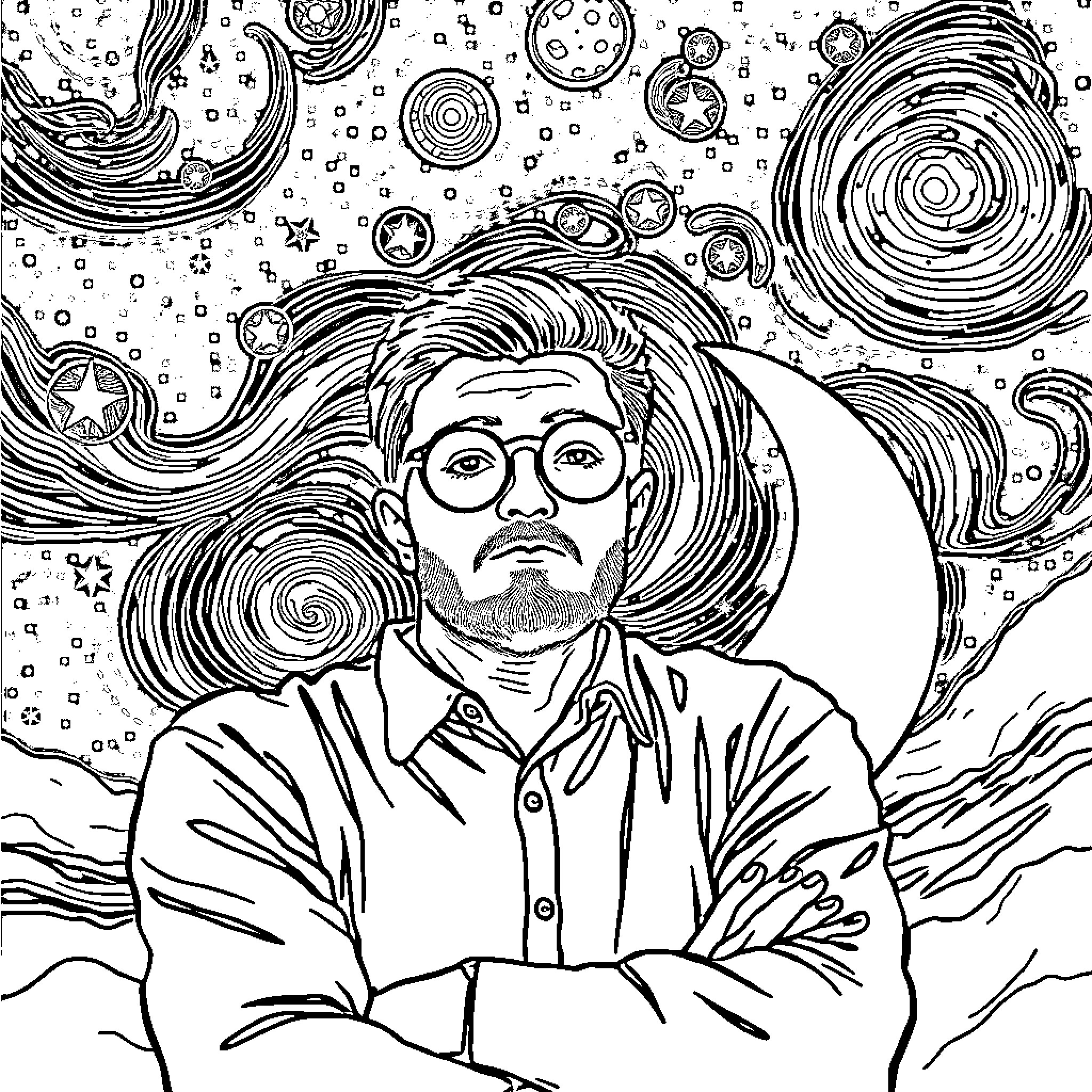 Man gazes thoughtfully at the cosmos Coloring Page (free black-and-white line drawing printable PDF for all, from beginners to advanced learners, including children, teens, adults, and seniors)
