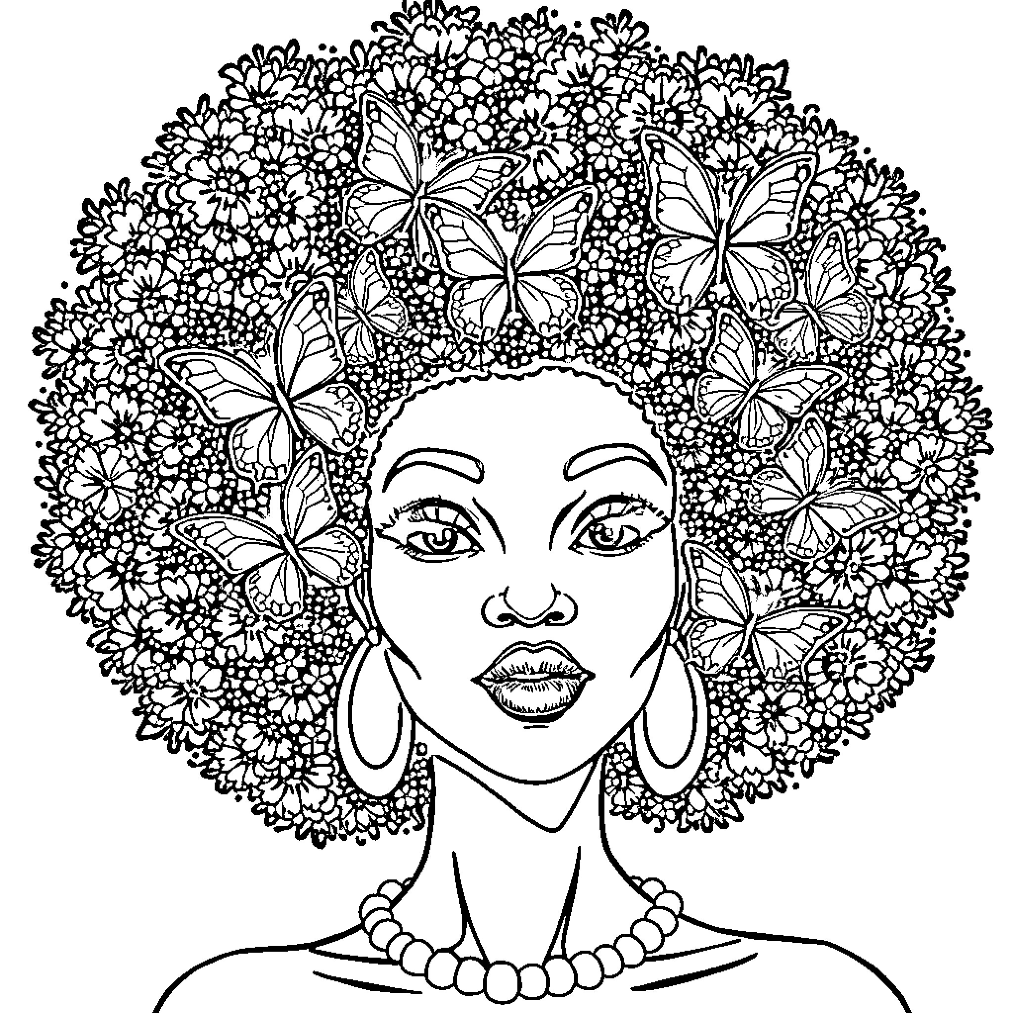Lady with Floral Afro and Butterflies Coloring Page (free black-and-white line drawing printable PDF for all, from beginners to advanced learners, including children, teens, adults, and seniors)