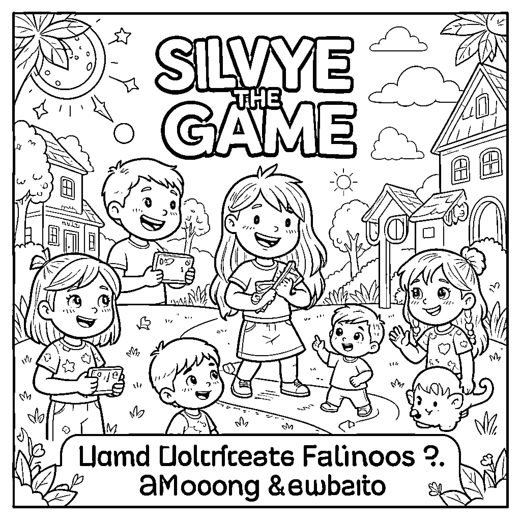 Silvye the Game: Children Enjoying Outdoor Activities Coloring Page (free black-and-white line drawing printable PDF for all, from beginners to advanced learners, including children, teens, adults, and seniors)