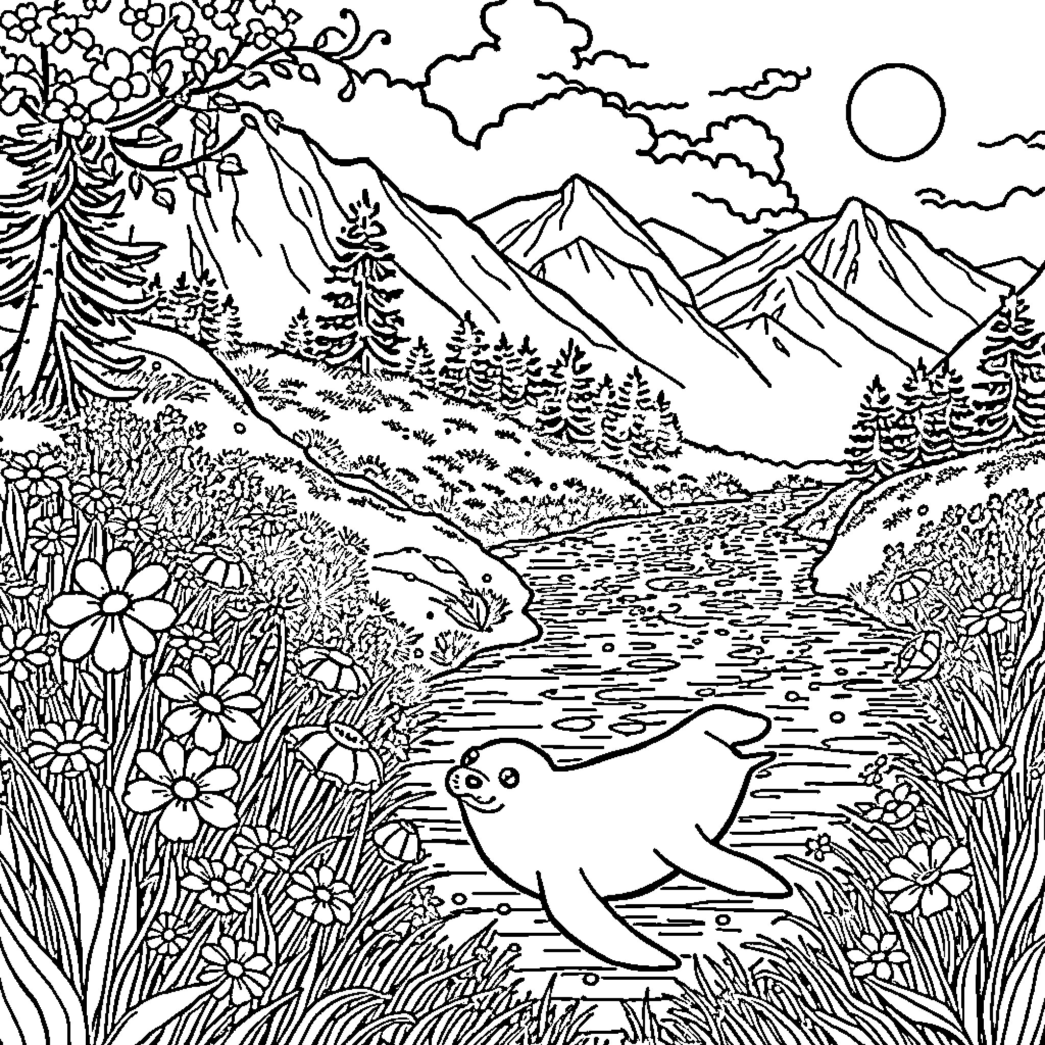Seal resting peacefully in a tranquil mountain landscape Coloring Page (free black-and-white line drawing printable PDF for all, from beginners to advanced learners, including children, teens, adults, and seniors)