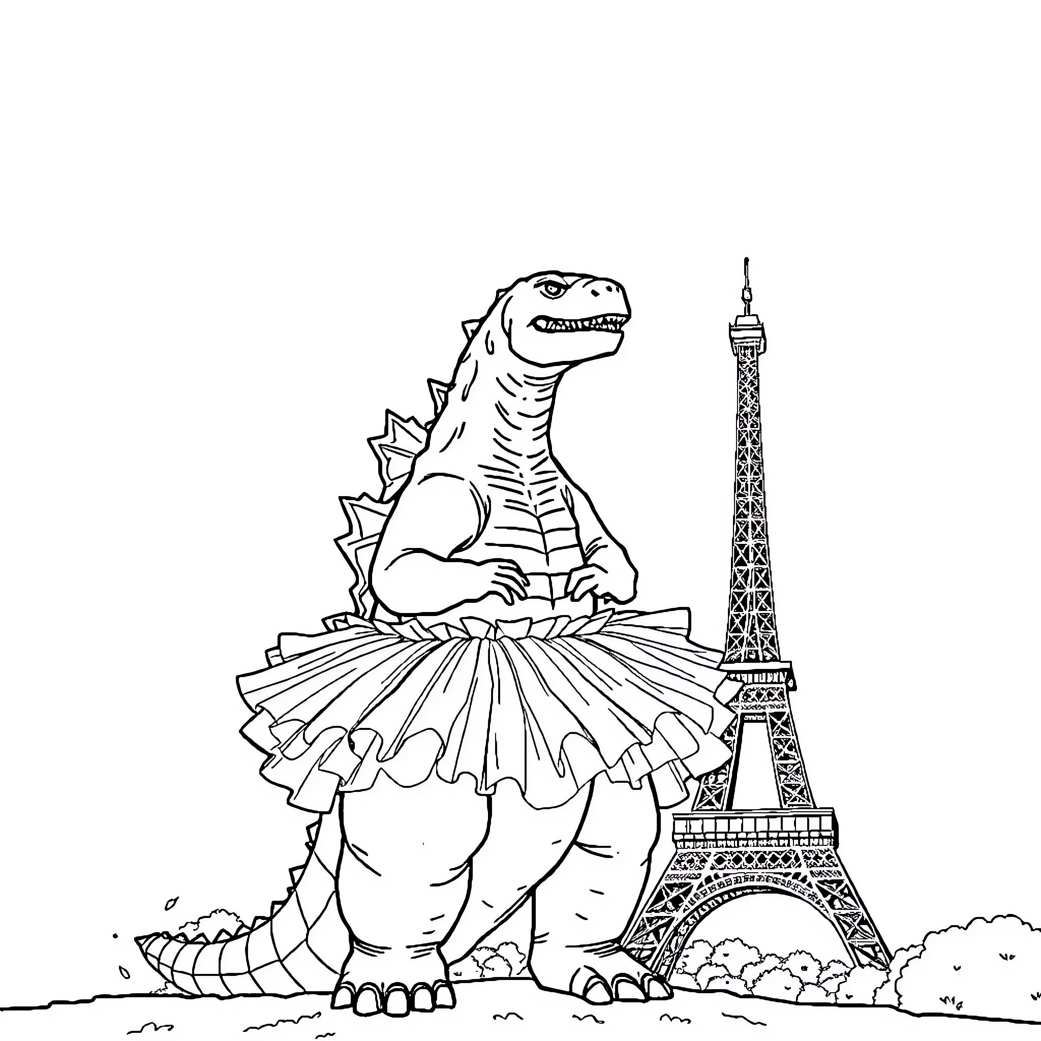 Godzilla dances gracefully near the Eiffel Tower Coloring Page (free black-and-white line drawing printable PDF for all, from beginners to advanced learners, including children, teens, adults, and seniors)