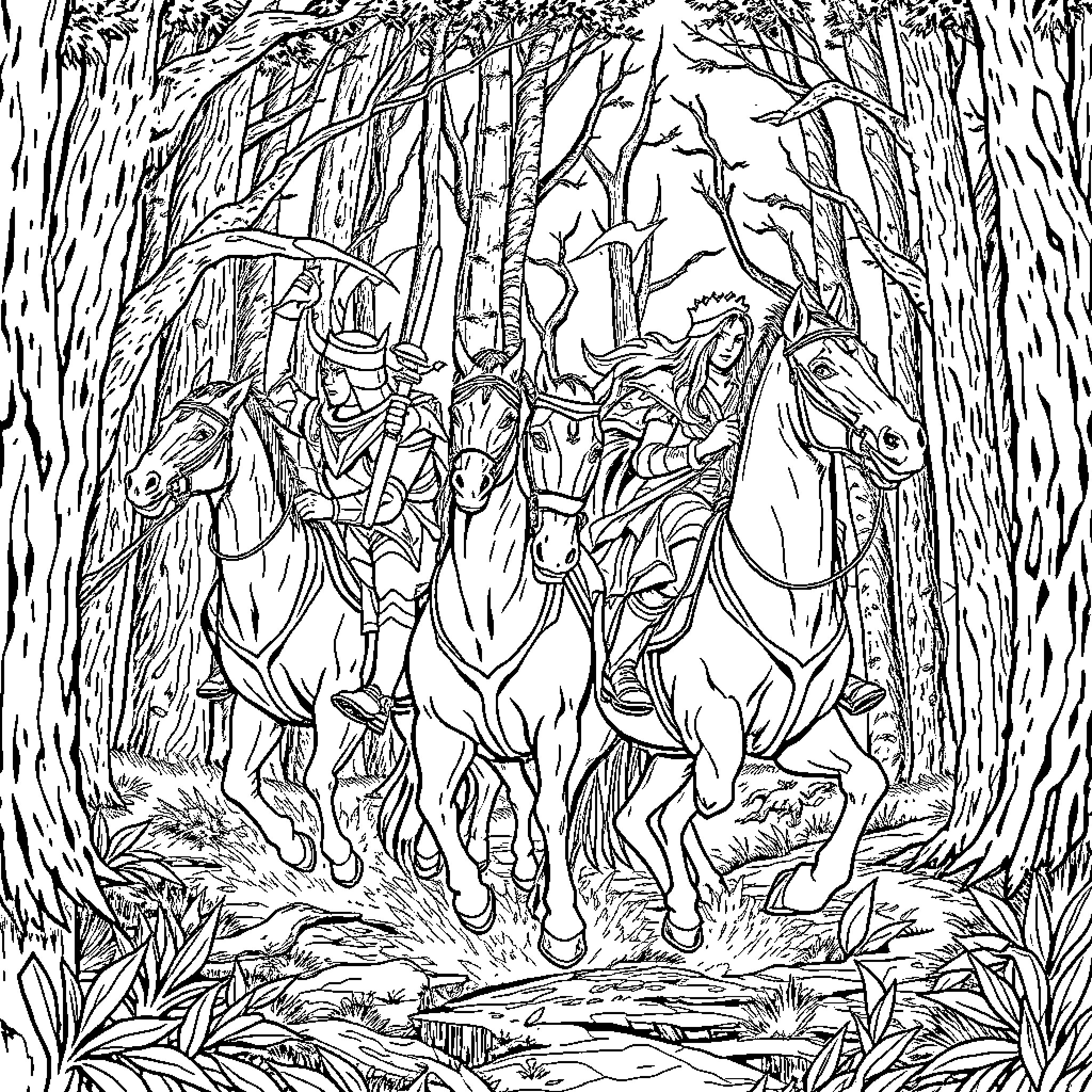 Demon Hunters on a Perilous Forest Expedition Coloring Page (free black-and-white line drawing printable PDF for all, from beginners to advanced learners, including children, teens, adults, and seniors)
