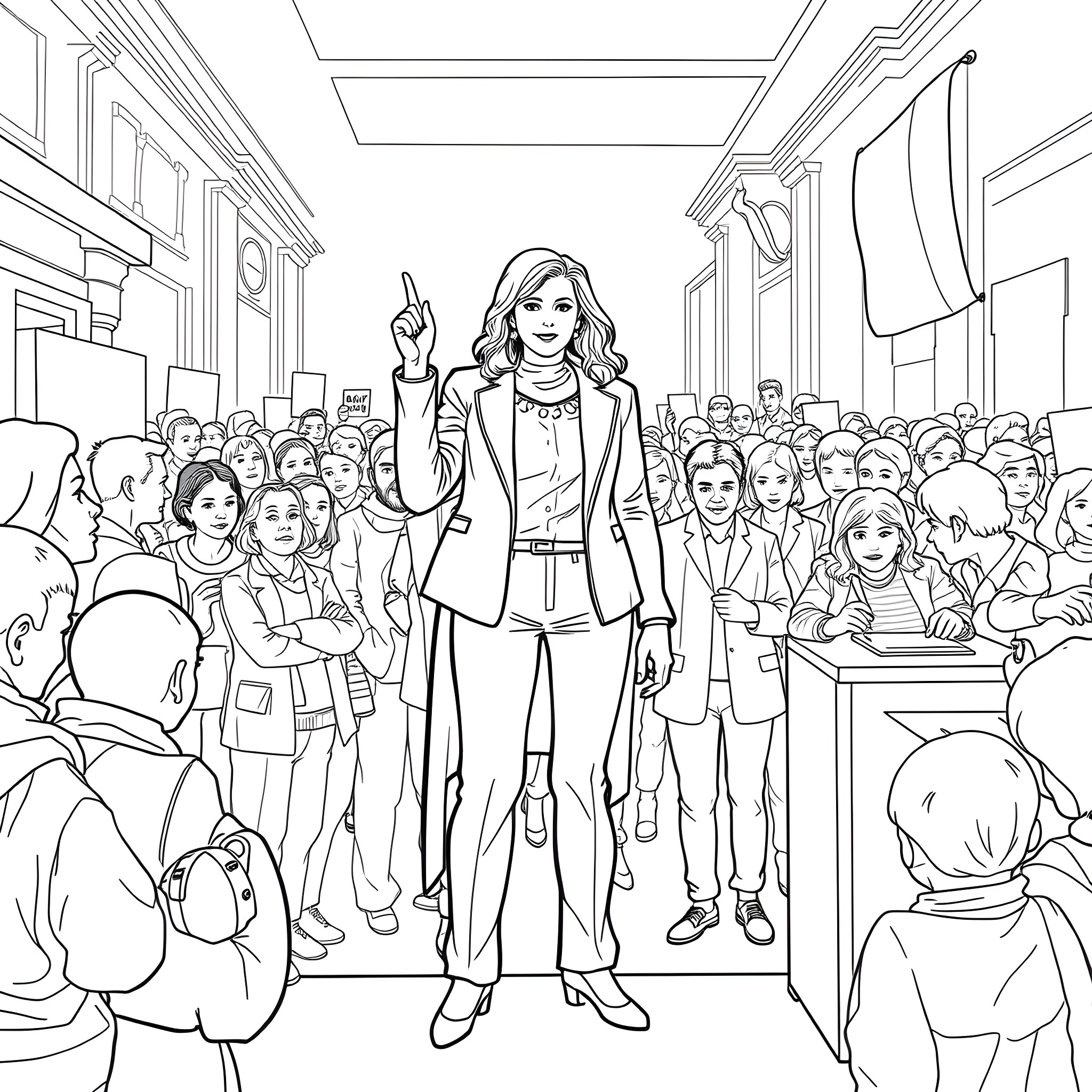 Giorgia Meloni addressing a crowd of supporters Coloring Page (free black-and-white line drawing printable PDF for all, from beginners to advanced learners, including children, teens, adults, and seniors)