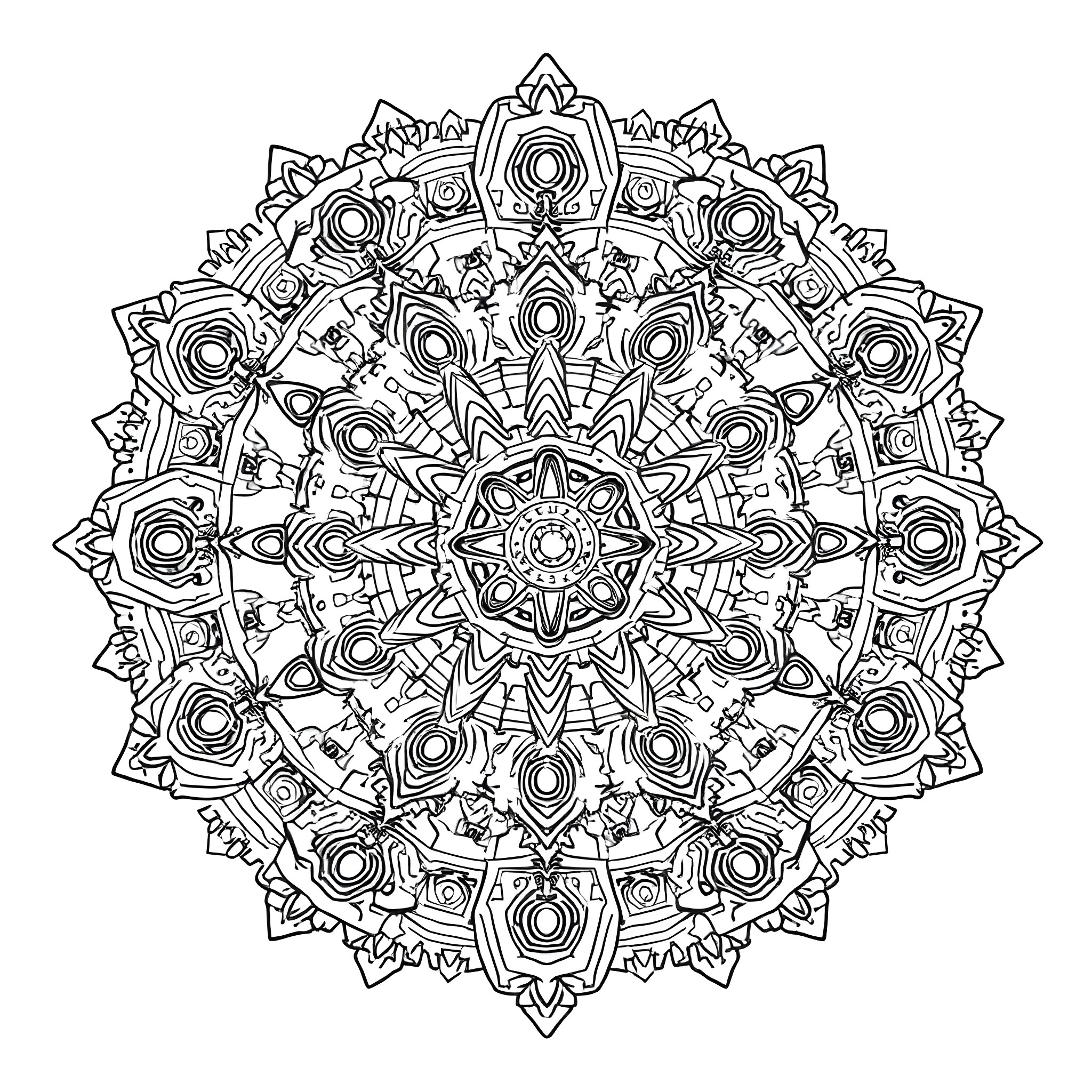 Mandala with intricate symmetrical patterns and shapes Coloring Page (free black-and-white line drawing printable PDF for all, from beginners to advanced learners, including children, teens, adults, and seniors)