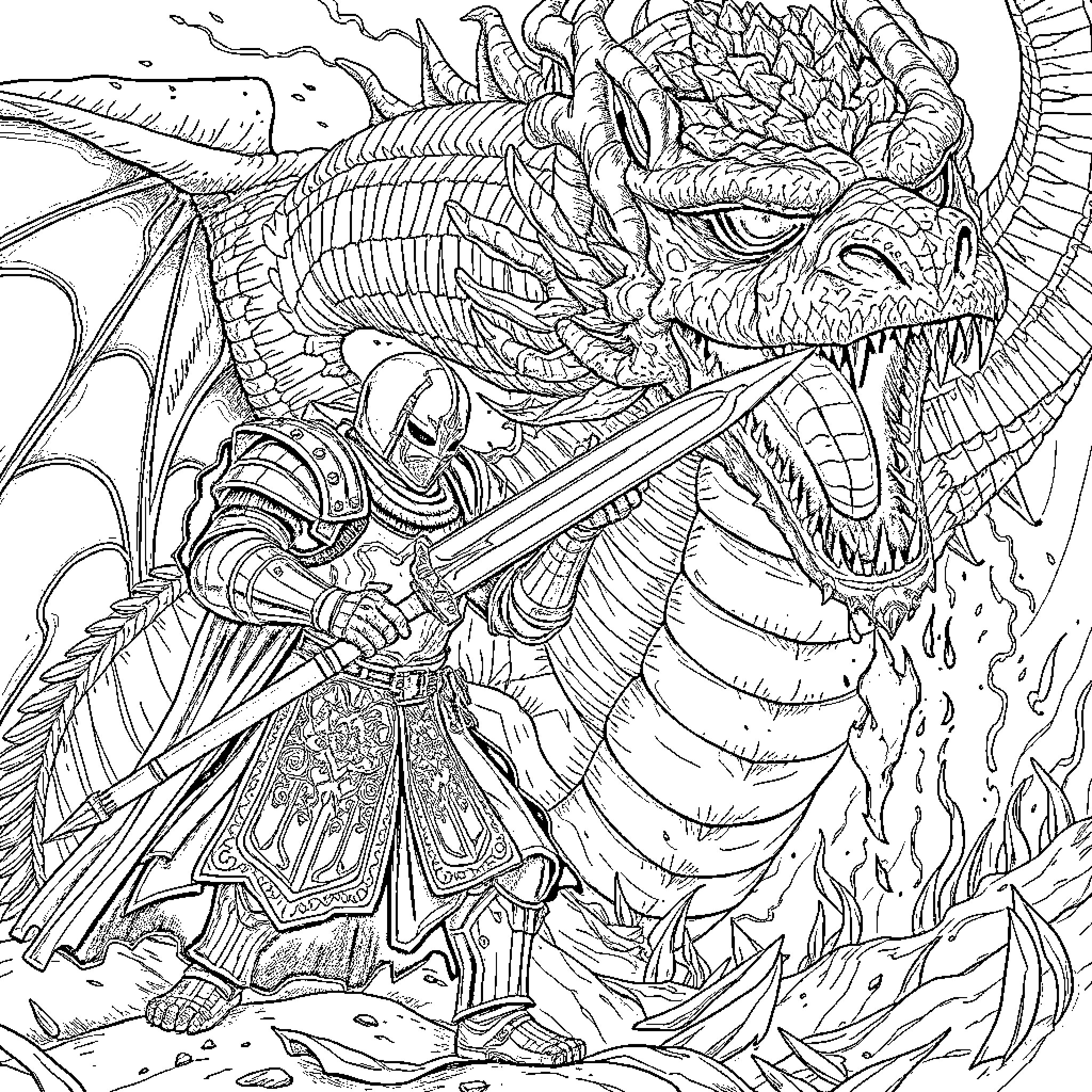 Knight Battling Ferocious Dragon in Mythical Realm Coloring Page (free black-and-white line drawing printable PDF for all, from beginners to advanced learners, including children, teens, adults, and seniors)
