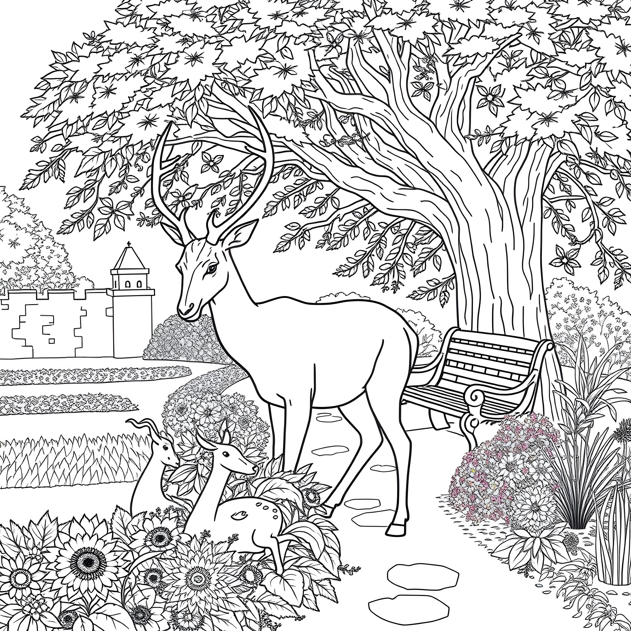 Deer in a tranquil garden landscape Coloring Page (free black-and-white line drawing printable PDF for all, from beginners to advanced learners, including children, teens, adults, and seniors)