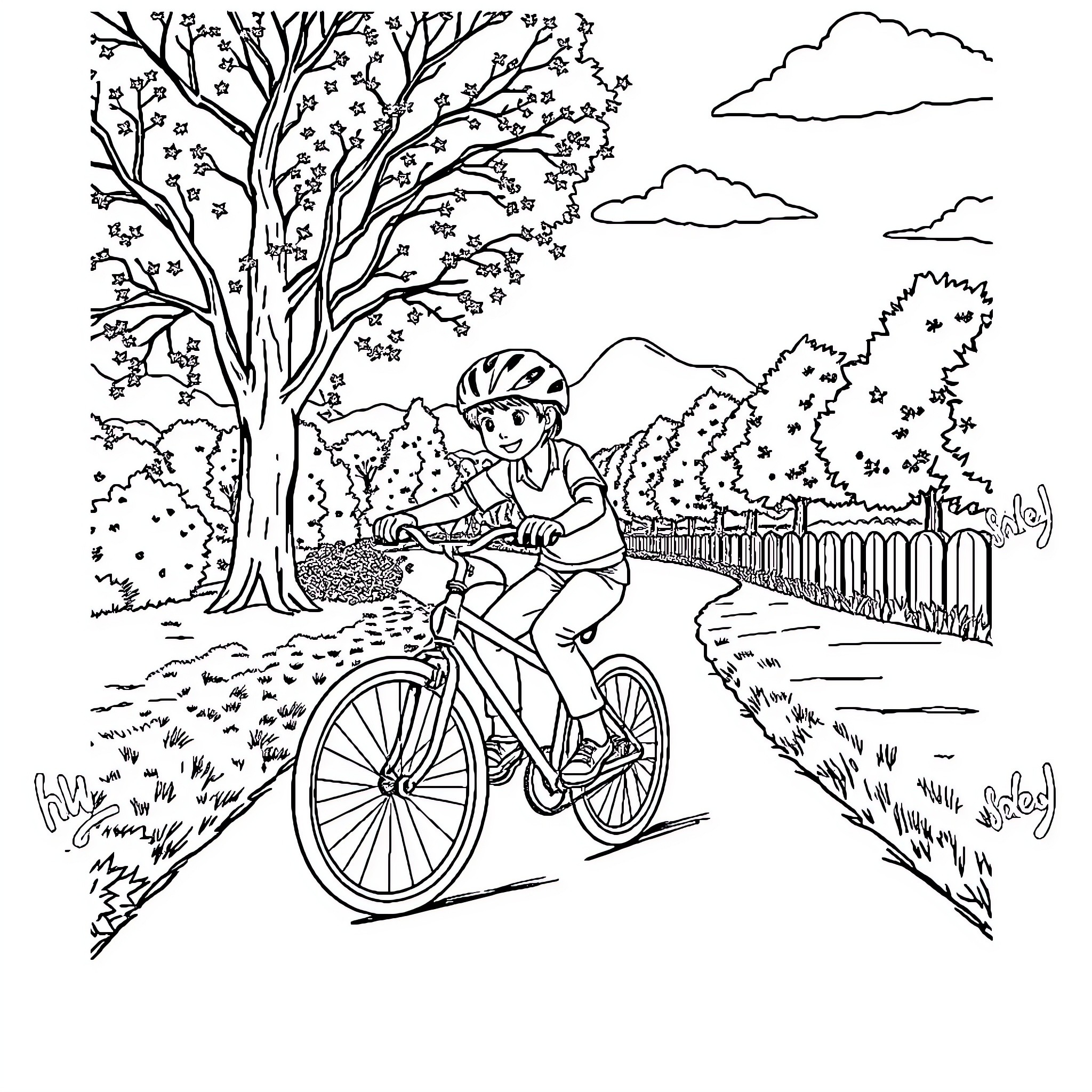 Gael rides bicycle through scenic park landscape Coloring Page (free black-and-white line drawing printable PDF for all, from beginners to advanced learners, including children, teens, adults, and seniors)