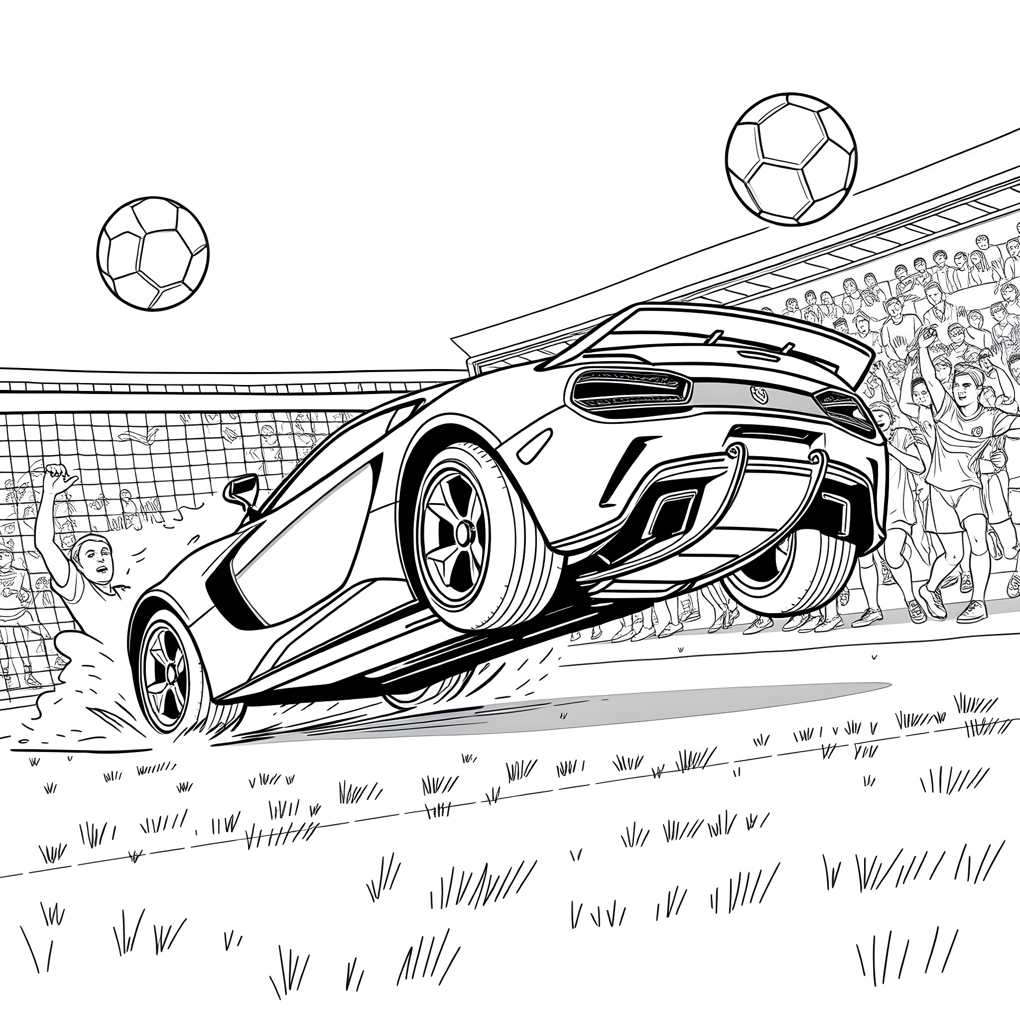 Rocket League Car dribbling soccer ball on the field Coloring Page (free black-and-white line drawing printable PDF for all, from beginners to advanced learners, including children, teens, adults, and seniors)