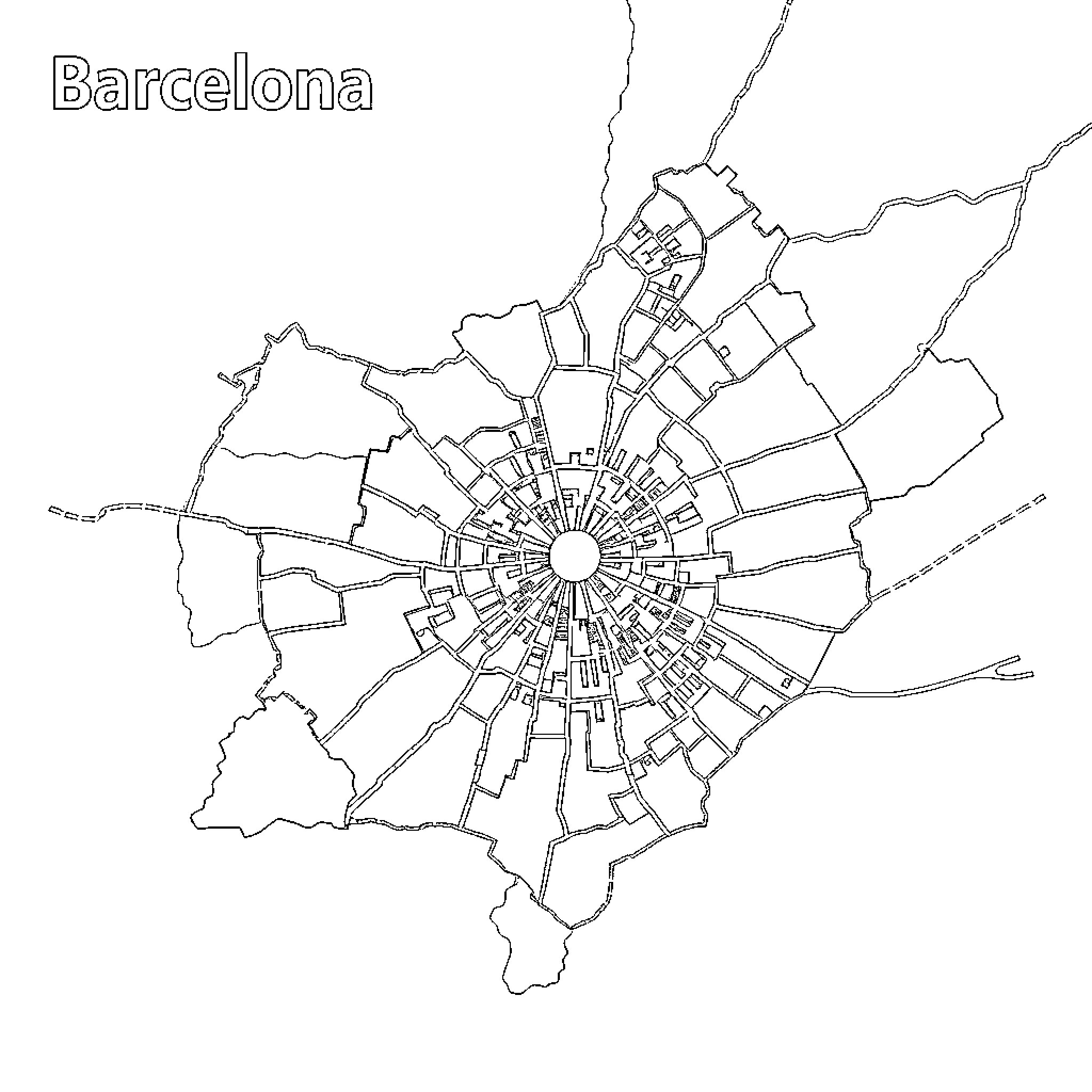 Mapa of Barcelona's intricate urban layout Coloring Page (free black-and-white line drawing printable PDF for all, from beginners to advanced learners, including children, teens, adults, and seniors)