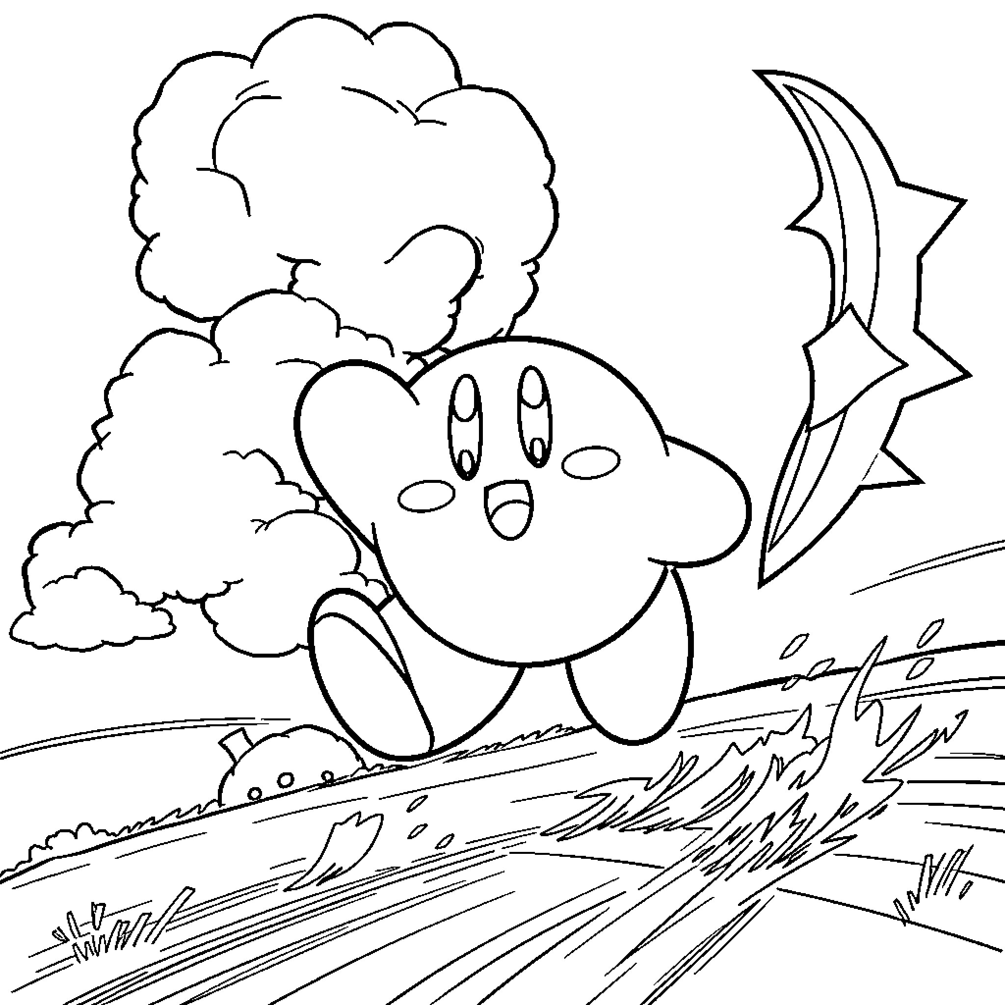 Kirby exploring the windy landscape Coloring Page (free black-and-white line drawing printable PDF for all, from beginners to advanced learners, including children, teens, adults, and seniors)