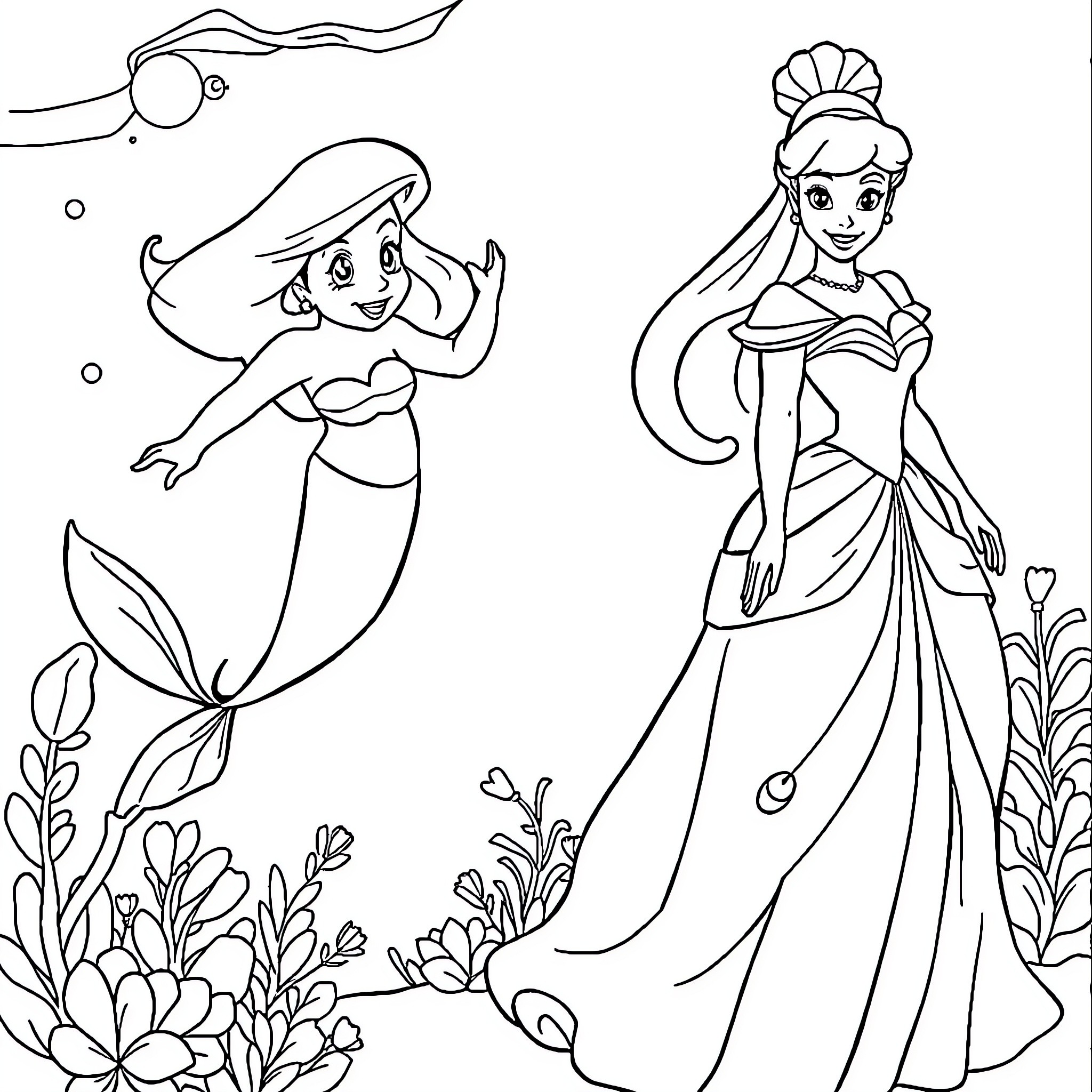 Ariel and Cinderella interacting in an underwater scene Coloring Page (free black-and-white line drawing printable PDF for all, from beginners to advanced learners, including children, teens, adults, and seniors)