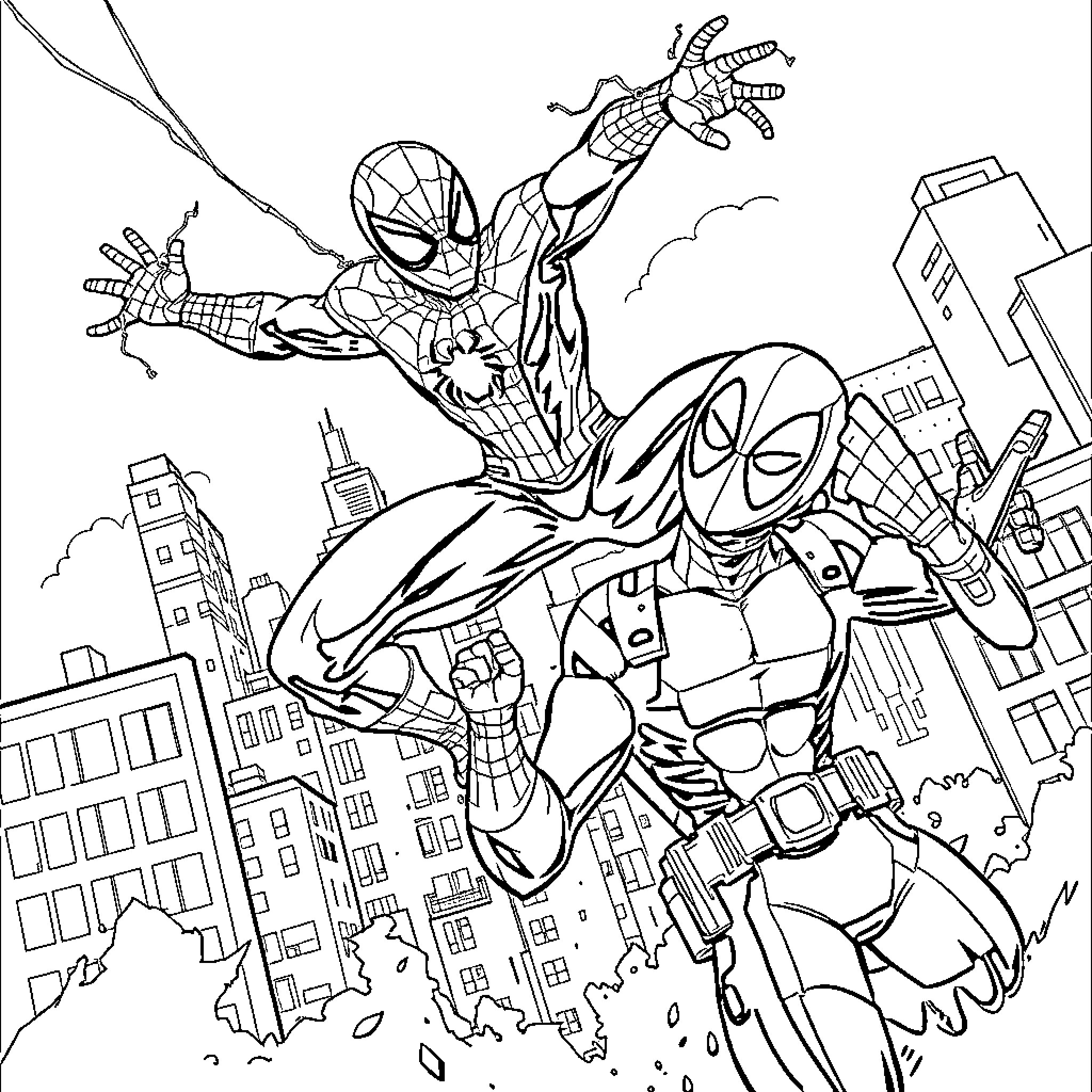 Spiderman swinging through the city skyline in action Coloring Page (free black-and-white line drawing printable PDF for all, from beginners to advanced learners, including children, teens, adults, and seniors)