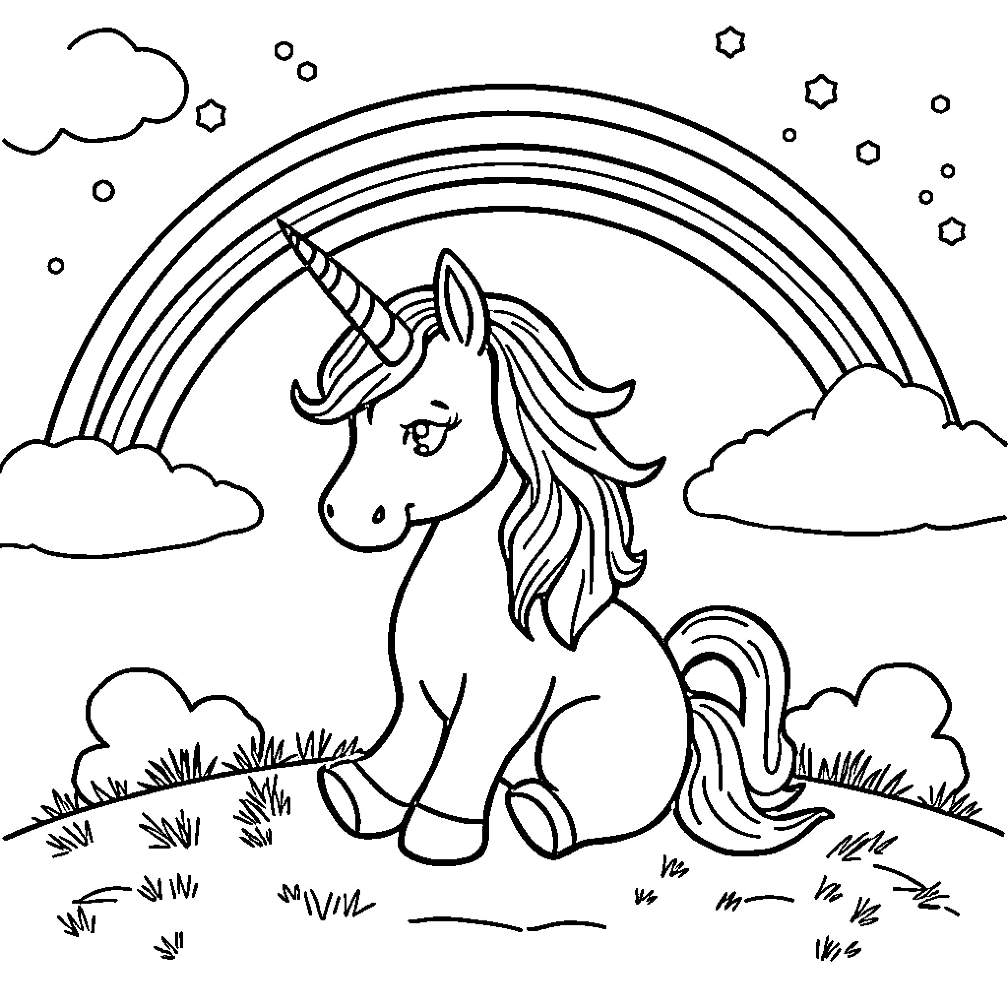 Unicorn gazing at rainbow in enchanted meadow Coloring Page (free black-and-white line drawing printable PDF for all, from beginners to advanced learners, including children, teens, adults, and seniors)