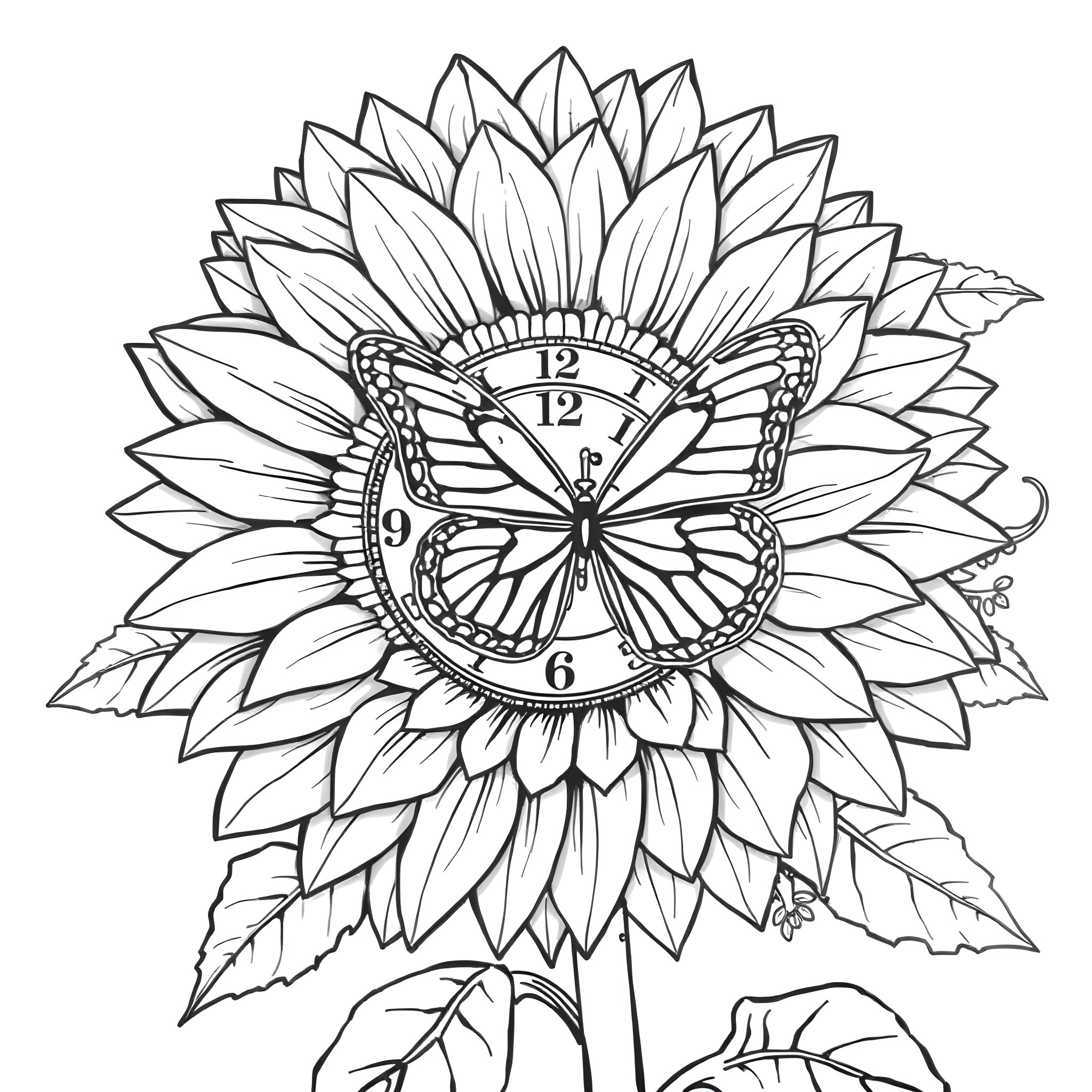 Clock with Sunflower and Butterfly Design Coloring Page (free black-and-white line drawing printable PDF for all, from beginners to advanced learners, including children, teens, adults, and seniors)