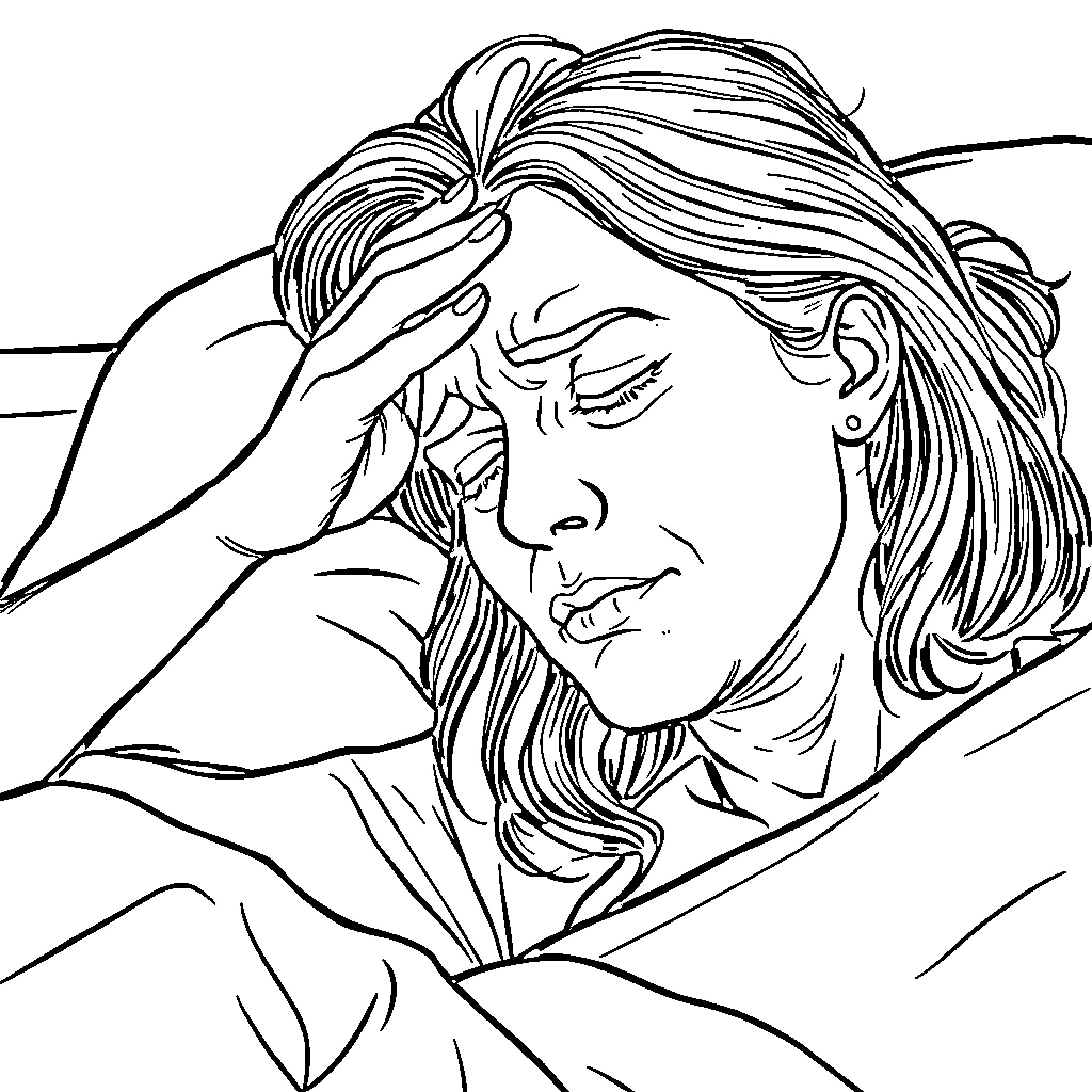 Woman resting with a concerned expression Coloring Page (free black-and-white line drawing printable PDF for all, from beginners to advanced learners, including children, teens, adults, and seniors)