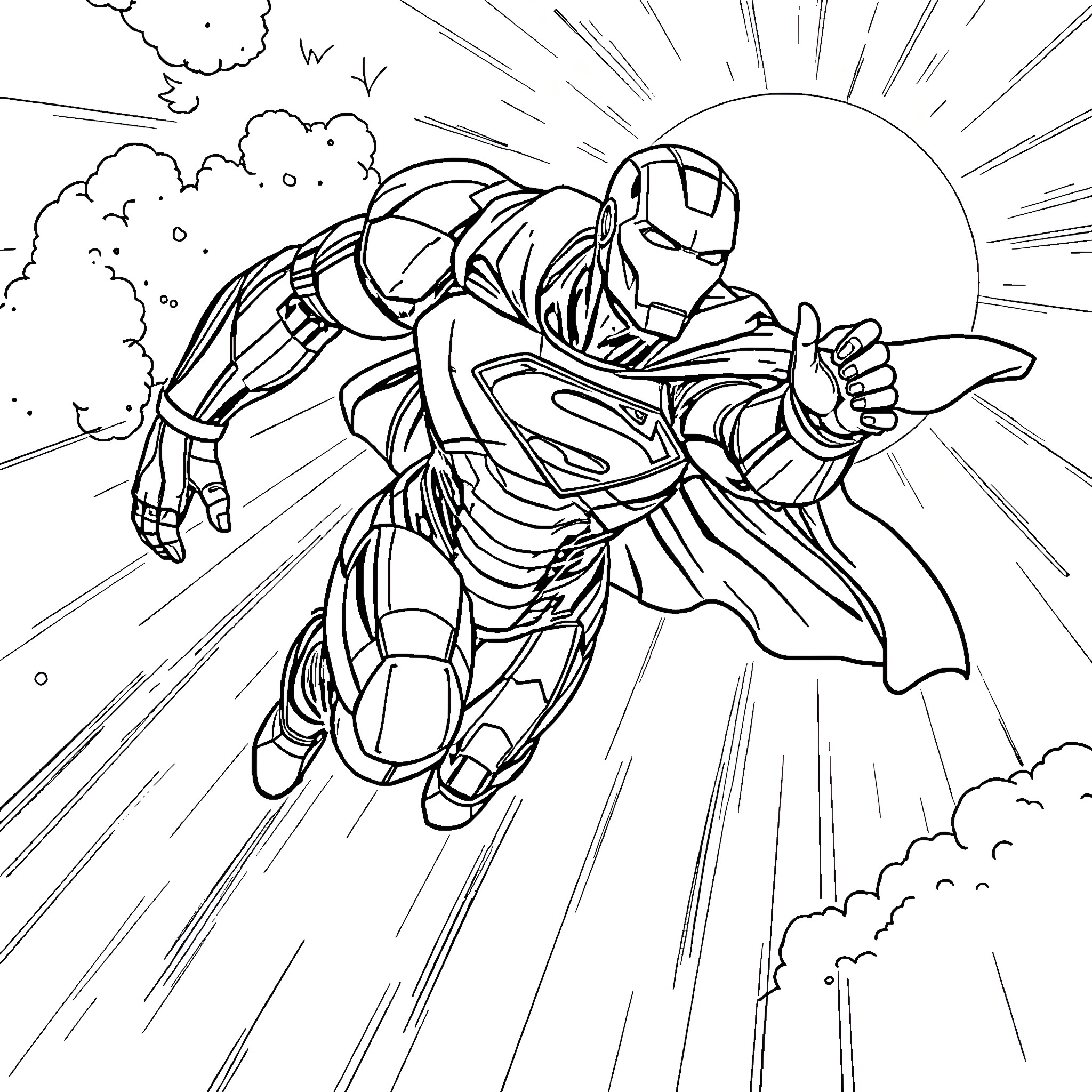 Ironman soaring through the sky in action-packed scene Coloring Page (free black-and-white line drawing printable PDF for all, from beginners to advanced learners, including children, teens, adults, and seniors)