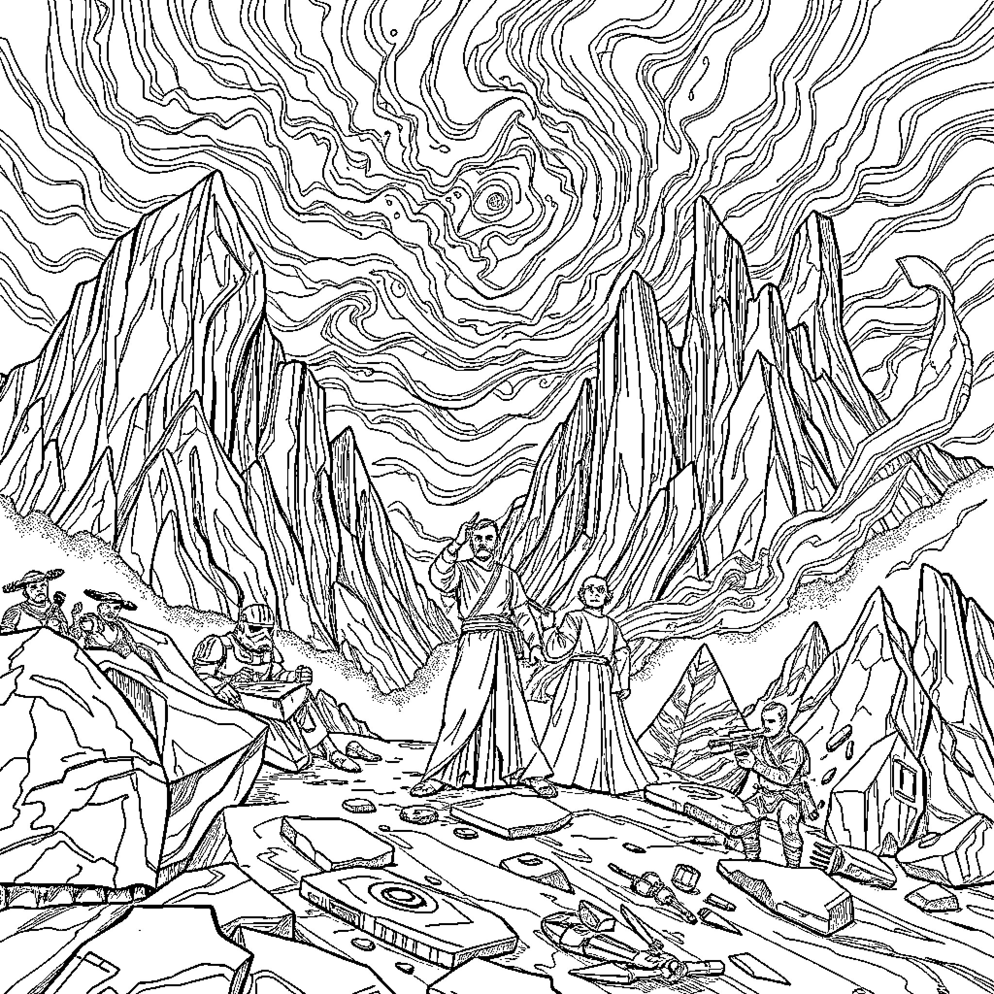 Jedi Warriors in Cosmic Realm Coloring Page (free black-and-white line drawing printable PDF for all, from beginners to advanced learners, including children, teens, adults, and seniors)