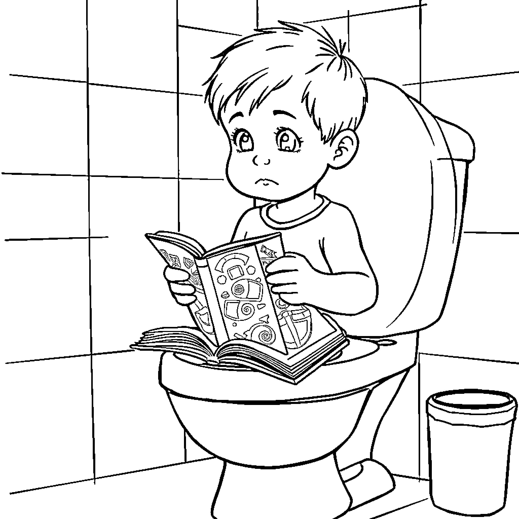 Kid reading a book on the toilet Coloring Page (free black-and-white line drawing printable PDF for all, from beginners to advanced learners, including children, teens, adults, and seniors)