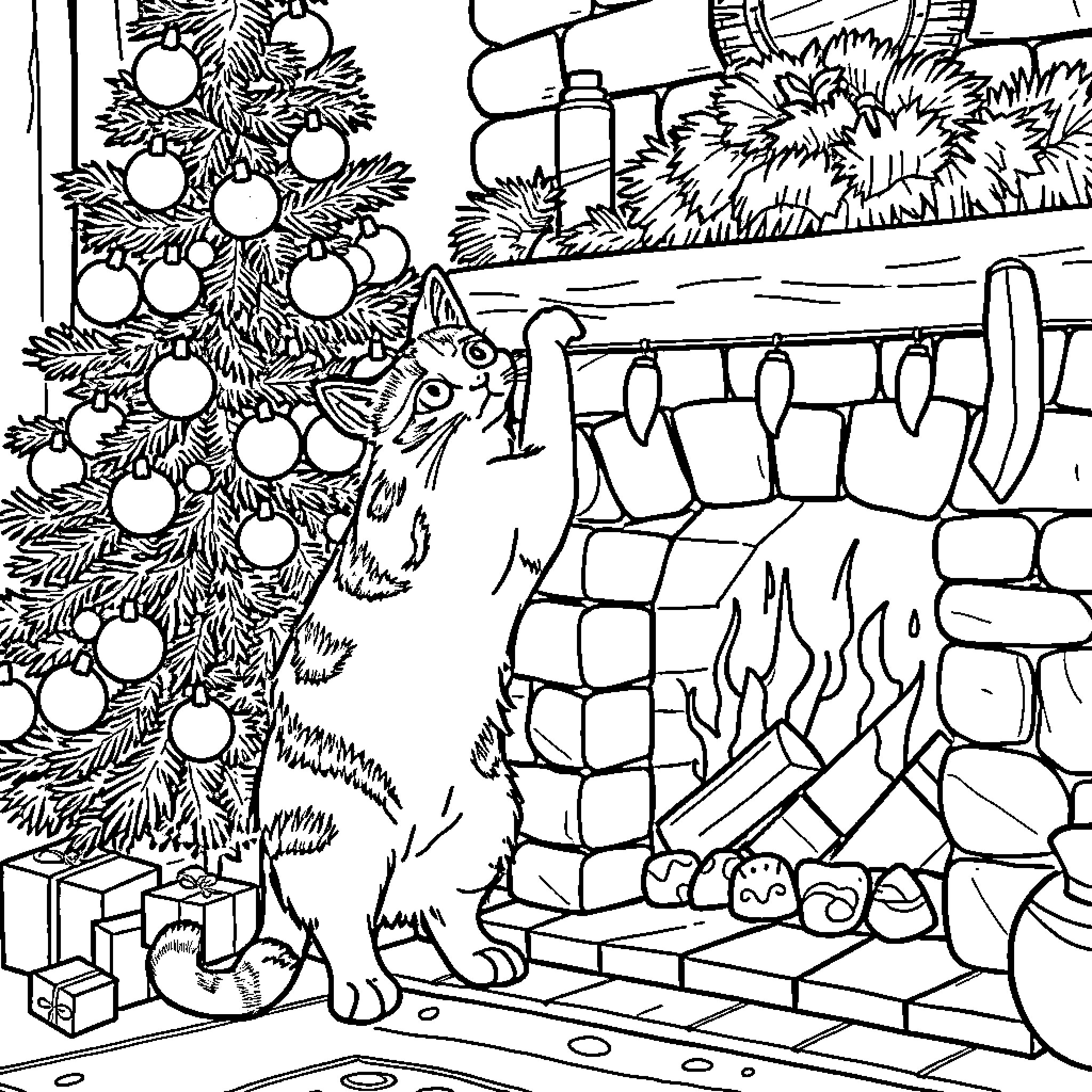 Calico Cat Exploring Christmas Decor by the Fireplace Coloring Page (free black-and-white line drawing printable PDF for all, from beginners to advanced learners, including children, teens, adults, and seniors)